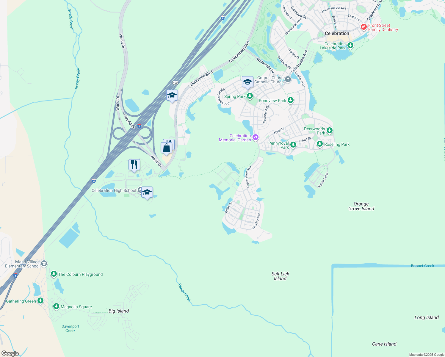 map of restaurants, bars, coffee shops, grocery stores, and more near 1420 Celebration Avenue in Kissimmee