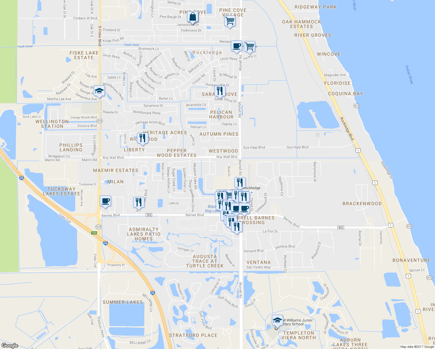 map of restaurants, bars, coffee shops, grocery stores, and more near 1184 Winding Meadows Road in Rockledge