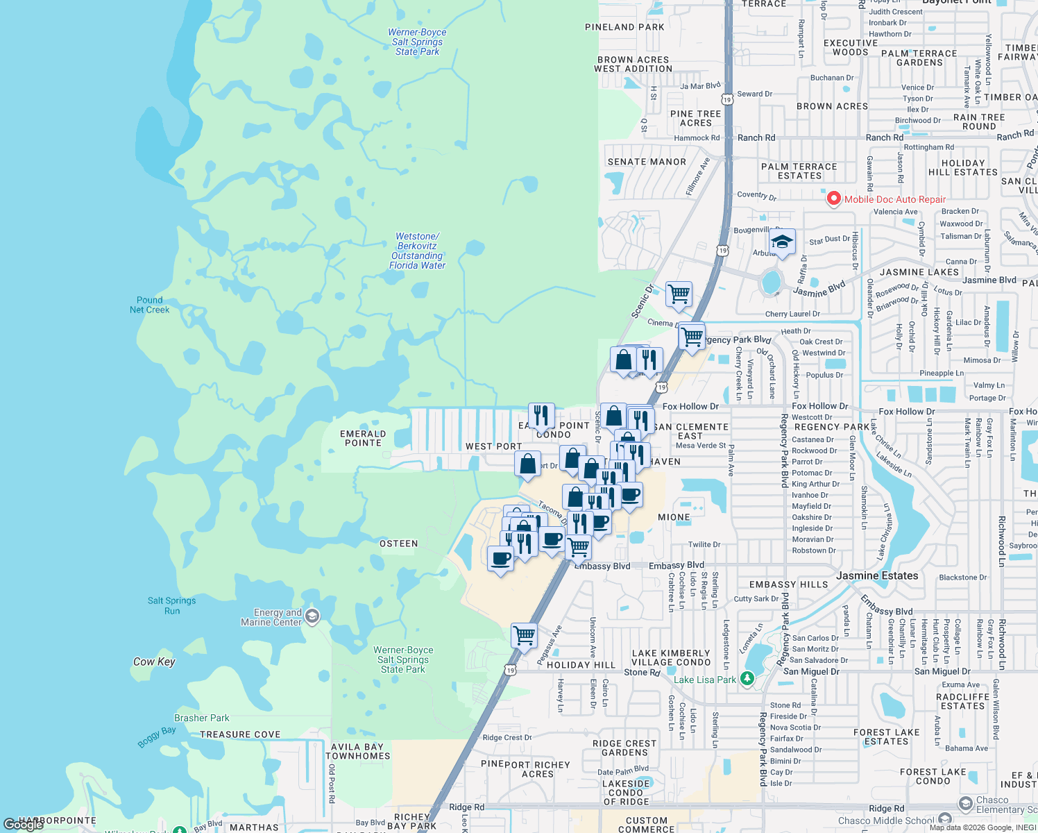 map of restaurants, bars, coffee shops, grocery stores, and more near 9927 Grace Dr in Port Richey