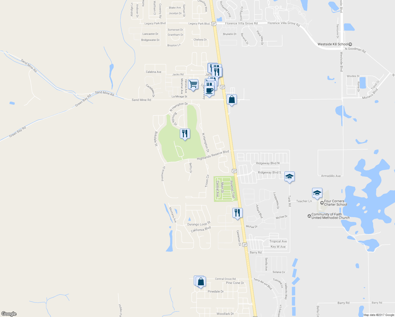 map of restaurants, bars, coffee shops, grocery stores, and more near Highlands Reserve Boulevard in Davenport