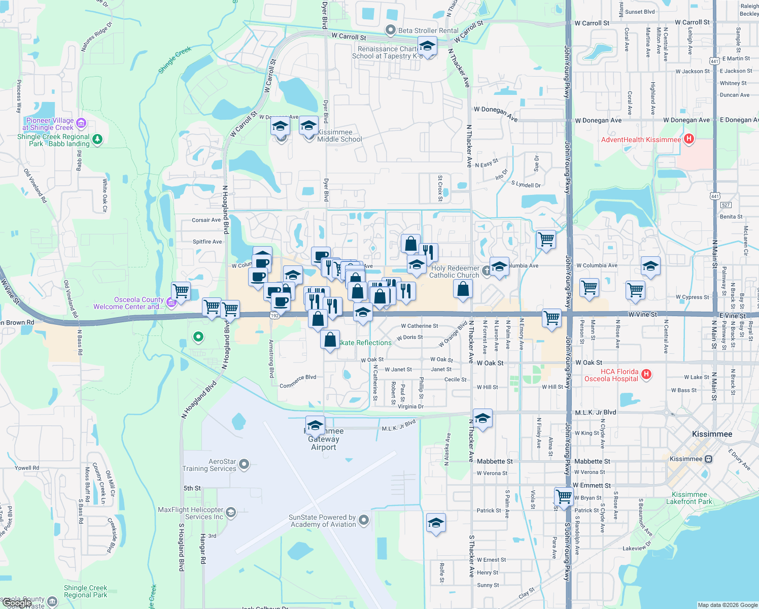map of restaurants, bars, coffee shops, grocery stores, and more near 2809 West Vine Street in Kissimmee