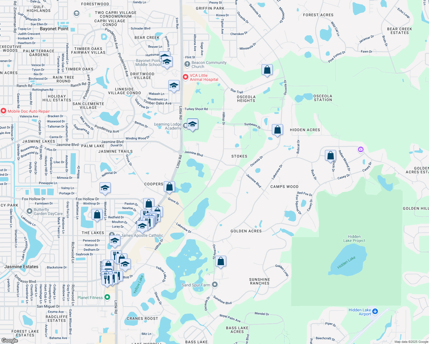 map of restaurants, bars, coffee shops, grocery stores, and more near 10206 Hilltop Drive in New Port Richey