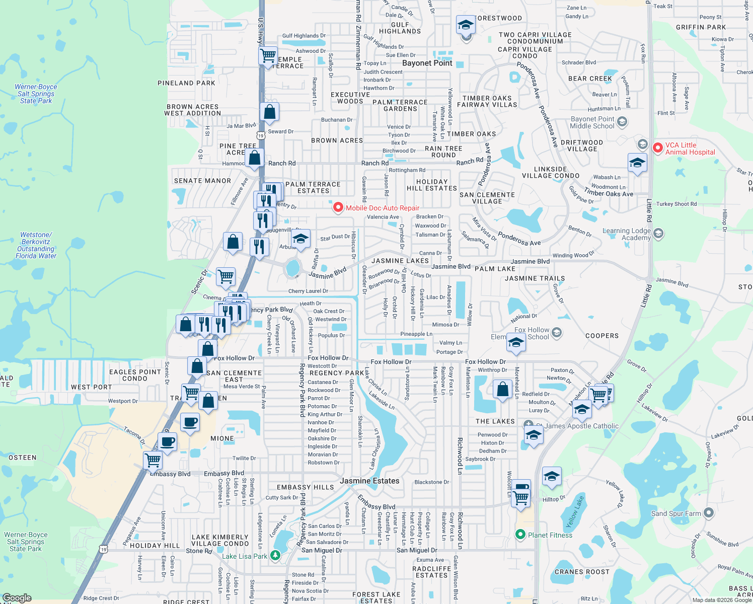 map of restaurants, bars, coffee shops, grocery stores, and more near 7541 Spirea Drive in Port Richey