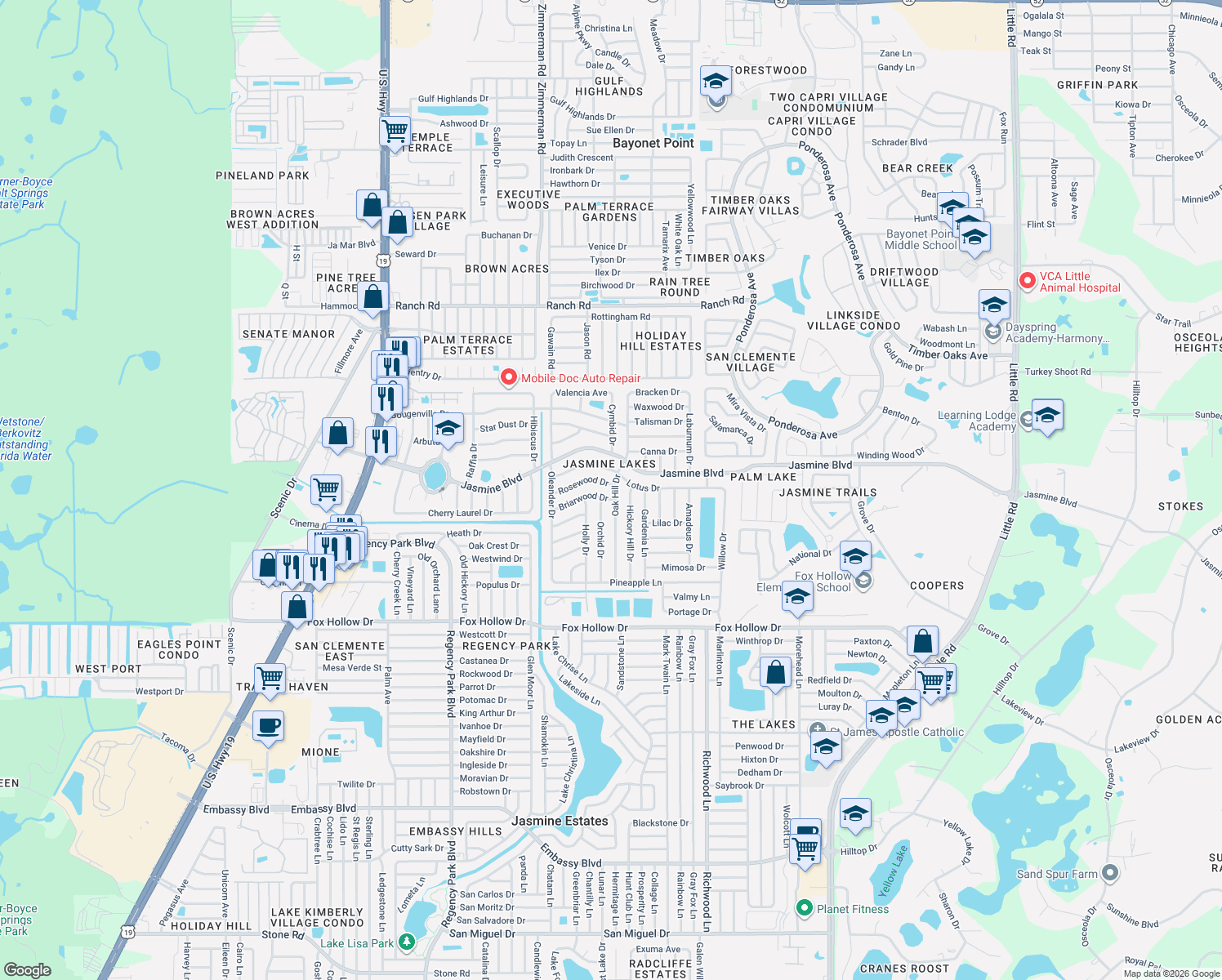 map of restaurants, bars, coffee shops, grocery stores, and more near 7708 Rosewood Drive in Port Richey