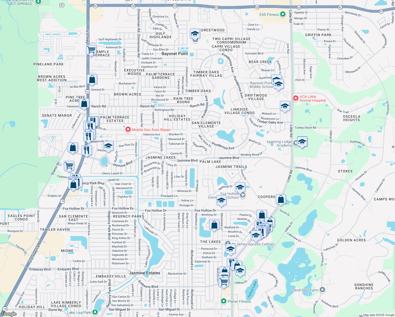 map of restaurants, bars, coffee shops, grocery stores, and more near 8031 Jasmine Boulevard in Port Richey