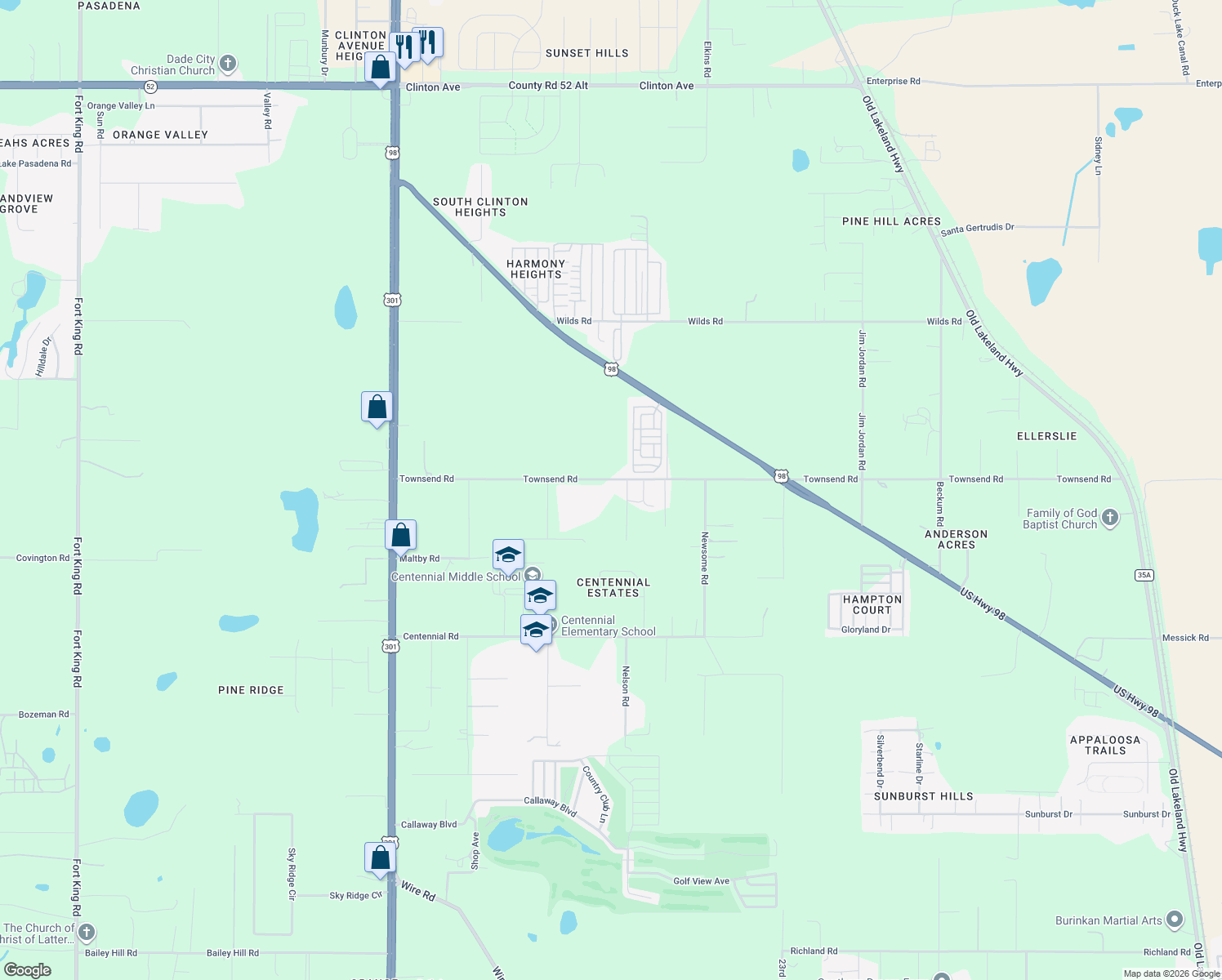 map of restaurants, bars, coffee shops, grocery stores, and more near 38700 Townsend Rd in Dade City