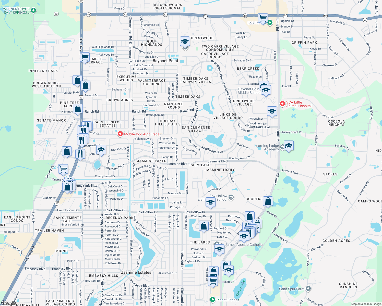 map of restaurants, bars, coffee shops, grocery stores, and more near 8105 Casuarina Drive in Port Richey