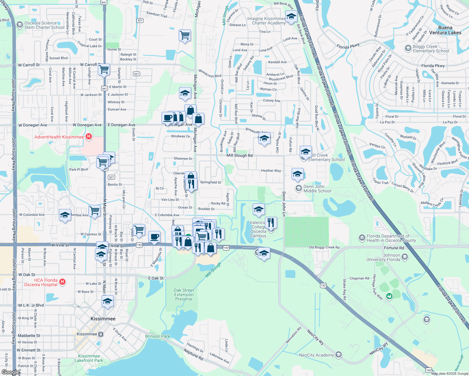 map of restaurants, bars, coffee shops, grocery stores, and more near 2119 Sand Run Road in Kissimmee