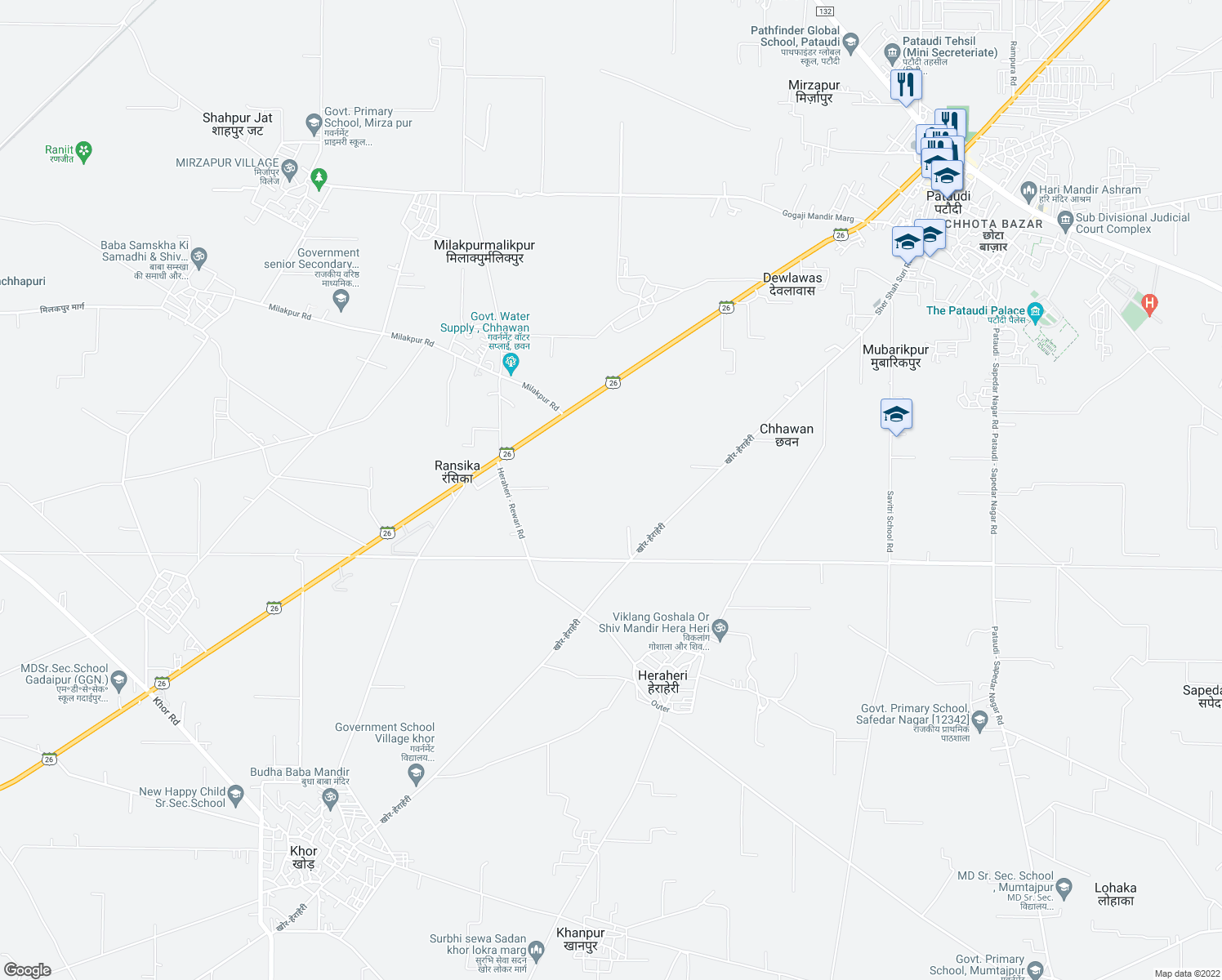 map of restaurants, bars, coffee shops, grocery stores, and more near Unnamed Road in Chhawan