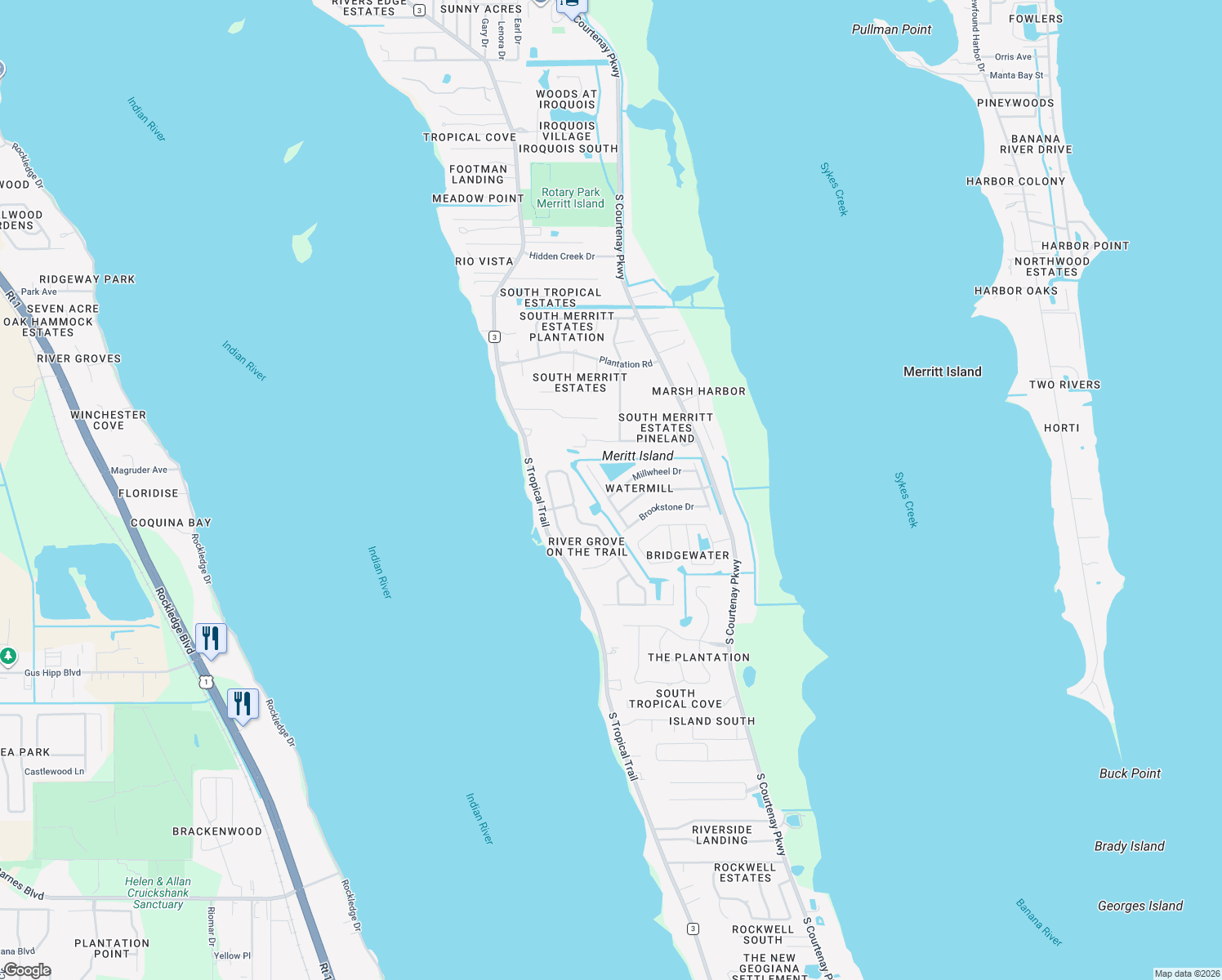 map of restaurants, bars, coffee shops, grocery stores, and more near 600 Millwheel Drive in Merritt Island