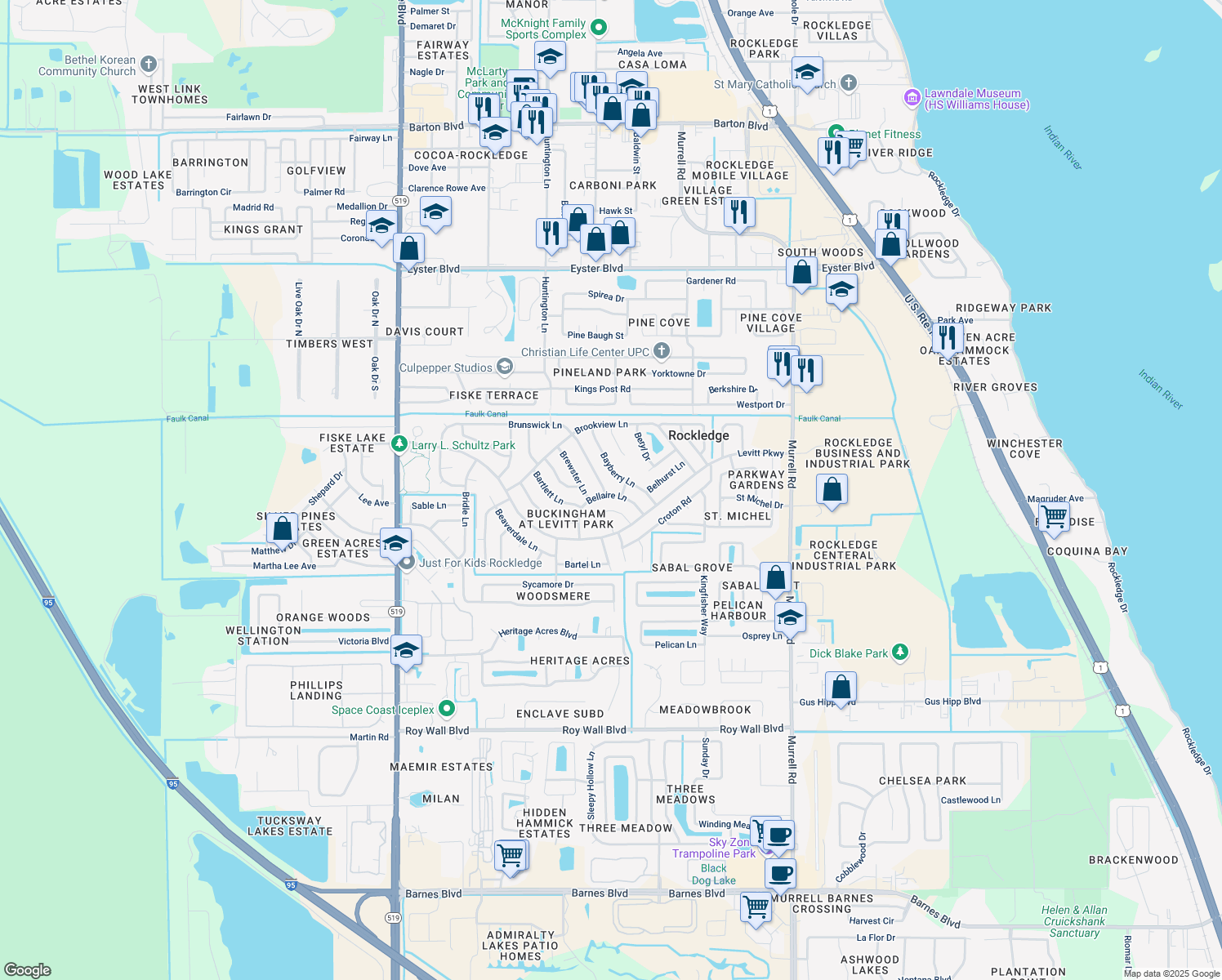 map of restaurants, bars, coffee shops, grocery stores, and more near 976 Bellaire Lane in Rockledge