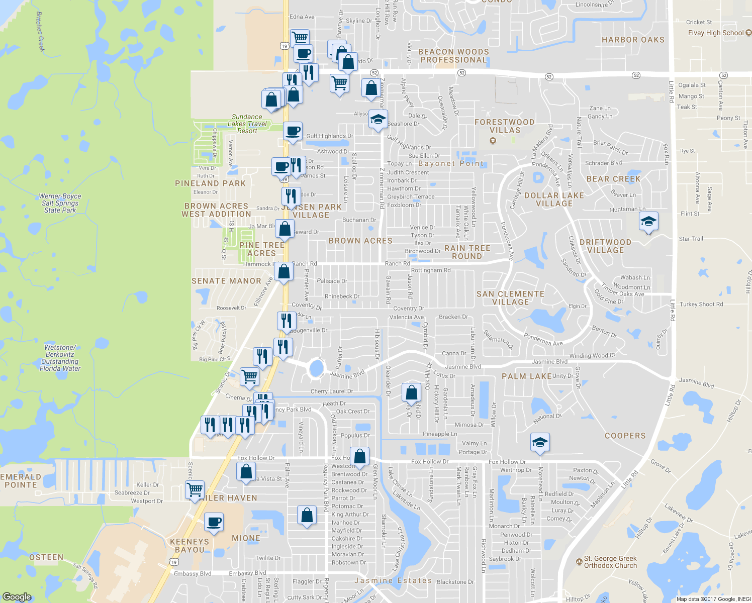map of restaurants, bars, coffee shops, grocery stores, and more near 10802 Hyssop Street in Port Richey