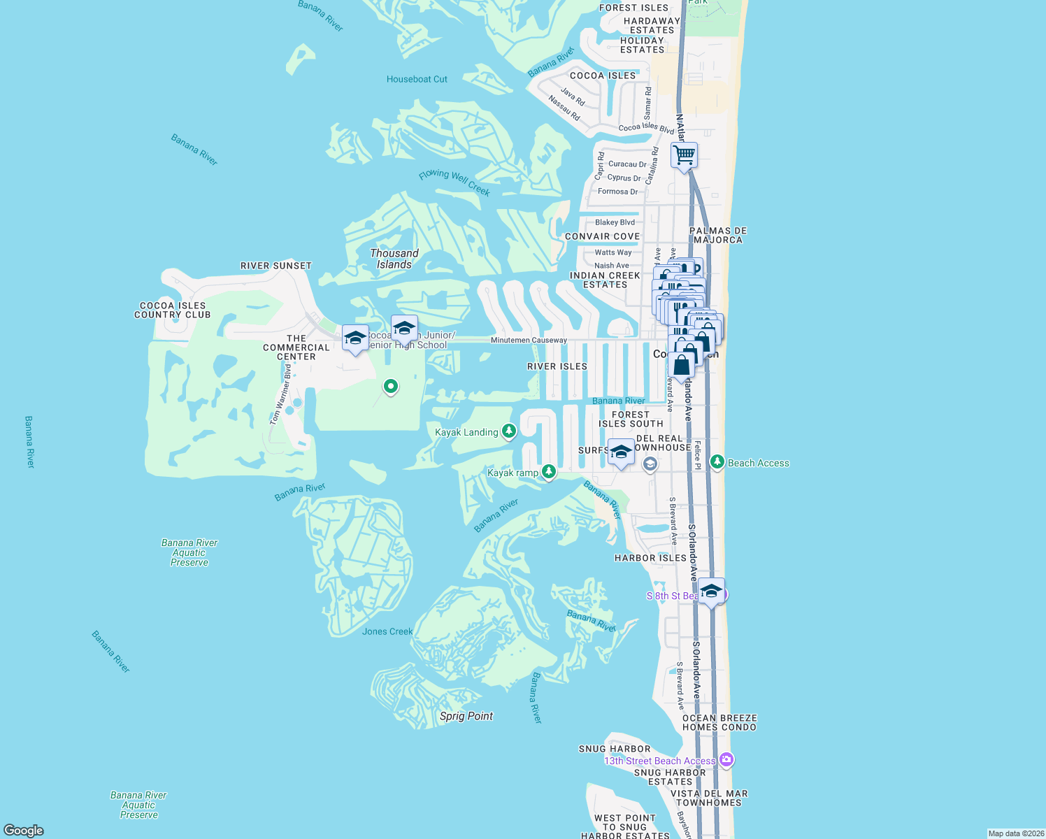 map of restaurants, bars, coffee shops, grocery stores, and more near 46 Yawl Drive in Cocoa Beach