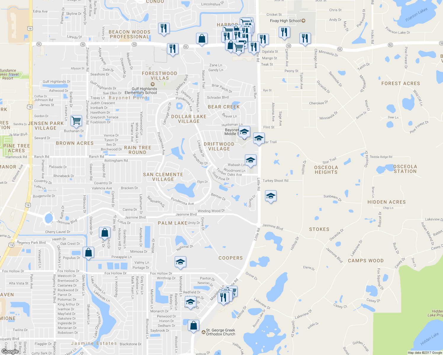map of restaurants, bars, coffee shops, grocery stores, and more near 8643 Gold Pine Drive in Port Richey