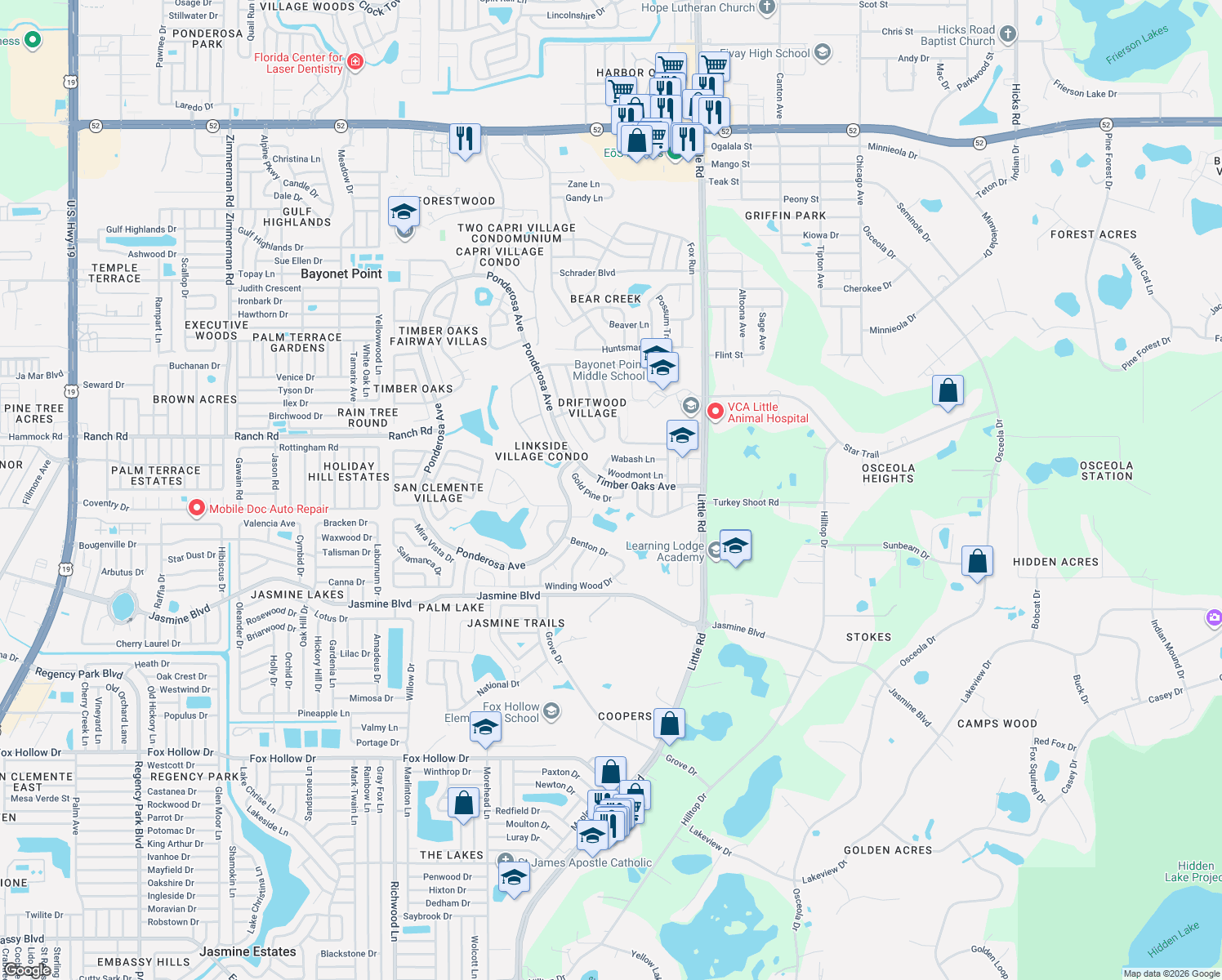 map of restaurants, bars, coffee shops, grocery stores, and more near 8711 Gold Pine Drive in Port Richey