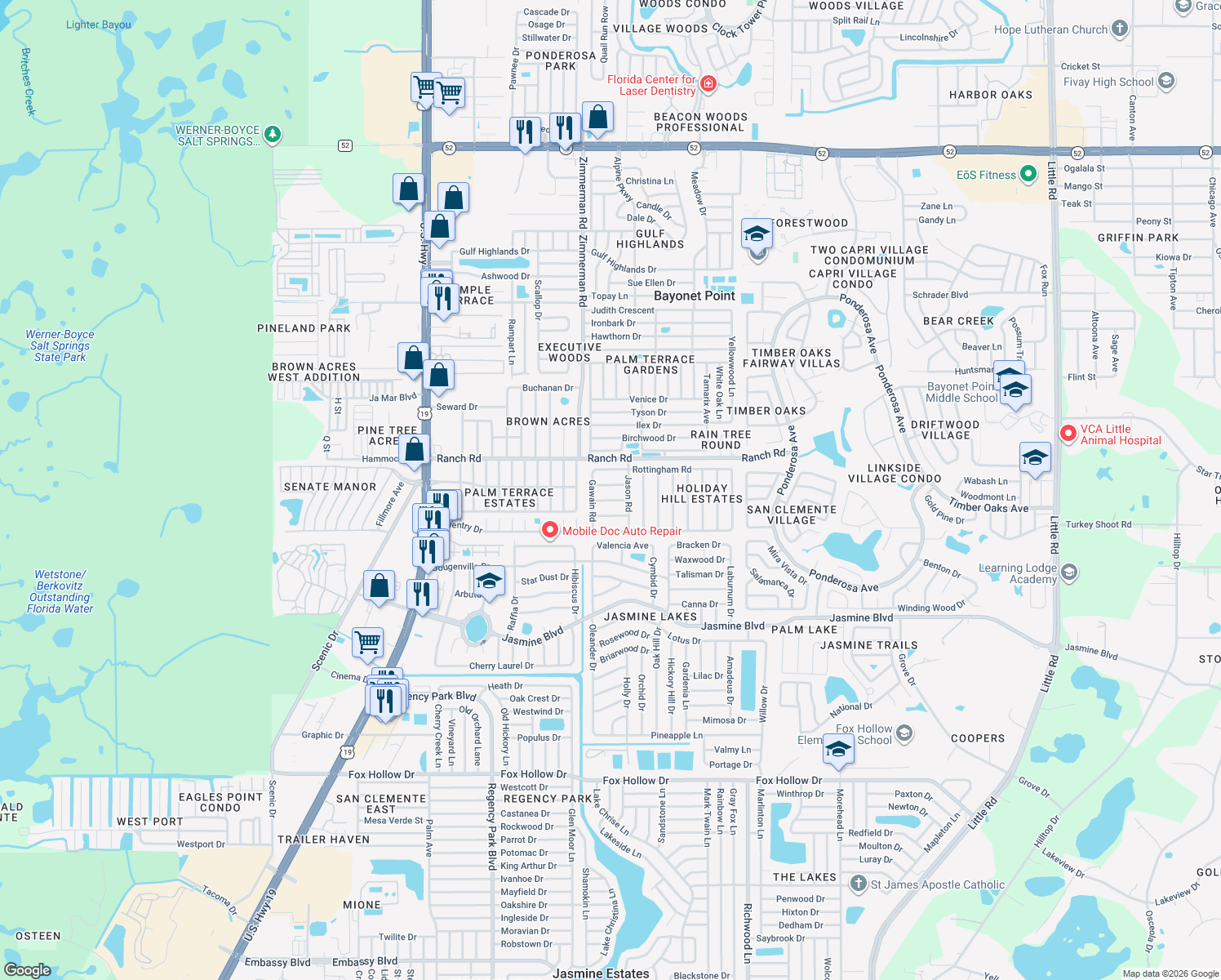 map of restaurants, bars, coffee shops, grocery stores, and more near 7534 Galahad Road in Port Richey