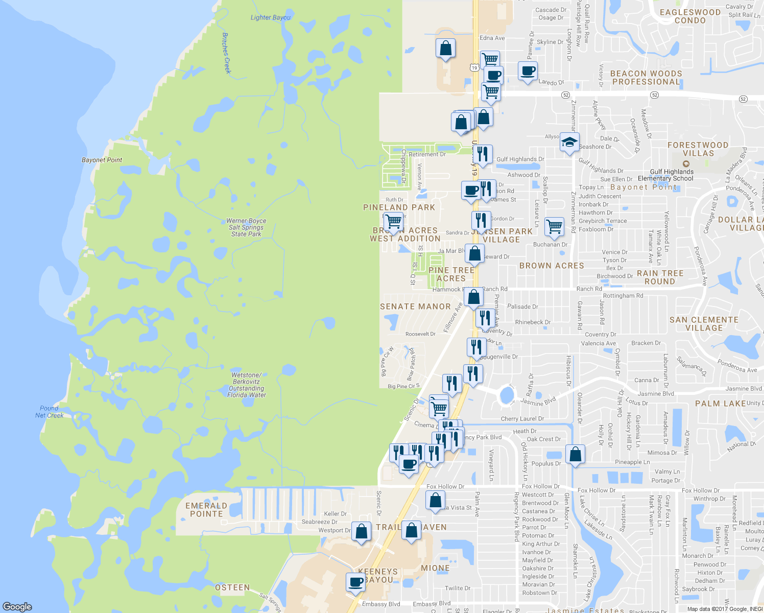 map of restaurants, bars, coffee shops, grocery stores, and more near 10905 Federal Drive in Port Richey