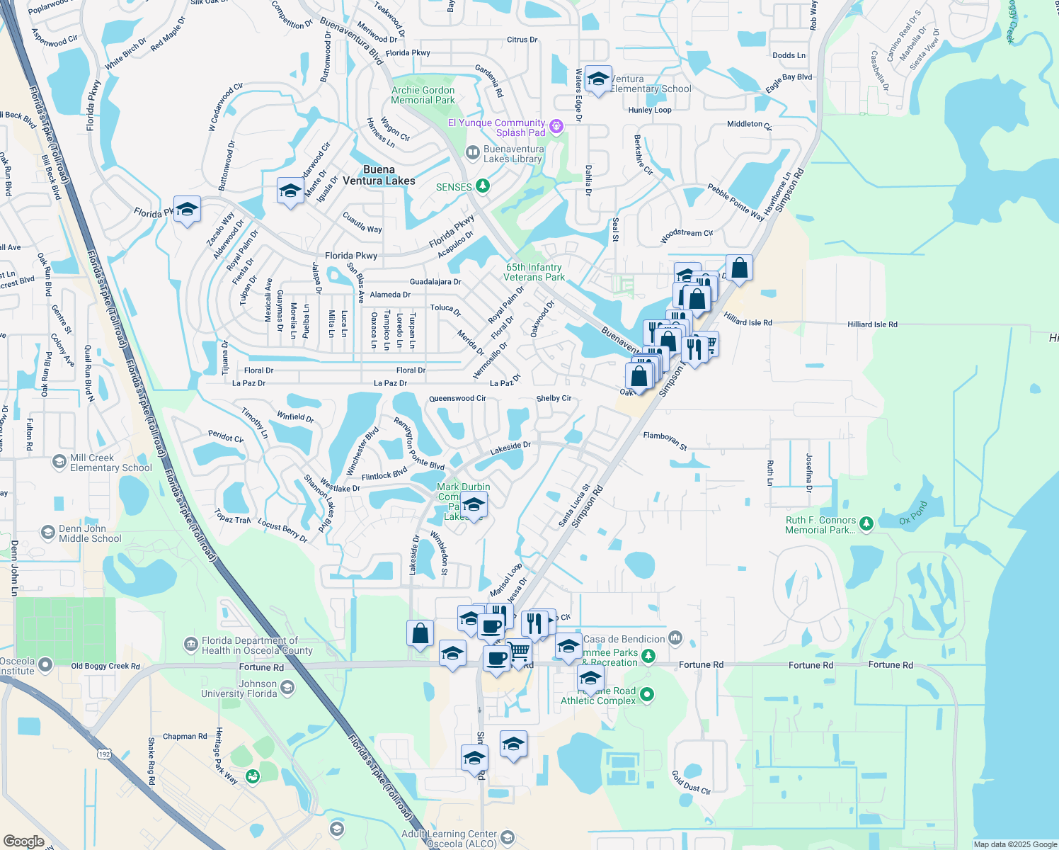 map of restaurants, bars, coffee shops, grocery stores, and more near 2414 Shelby Circle in Kissimmee