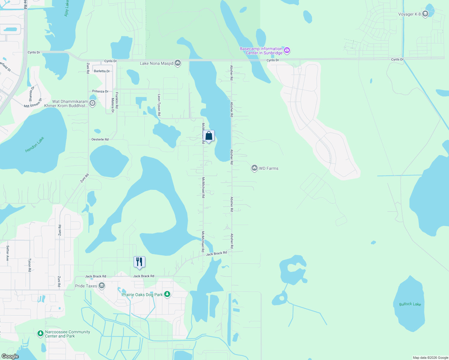map of restaurants, bars, coffee shops, grocery stores, and more near 2470 Absher Road in St. Cloud