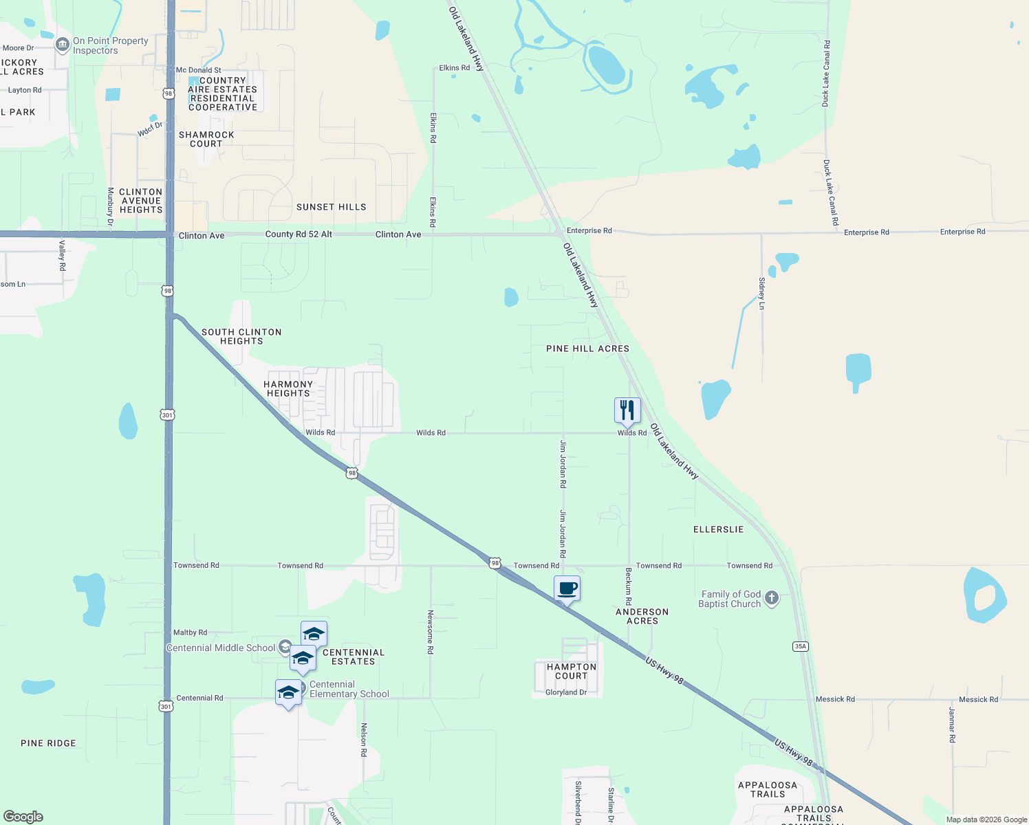 map of restaurants, bars, coffee shops, grocery stores, and more near 11045 Fernway Lane in Dade City