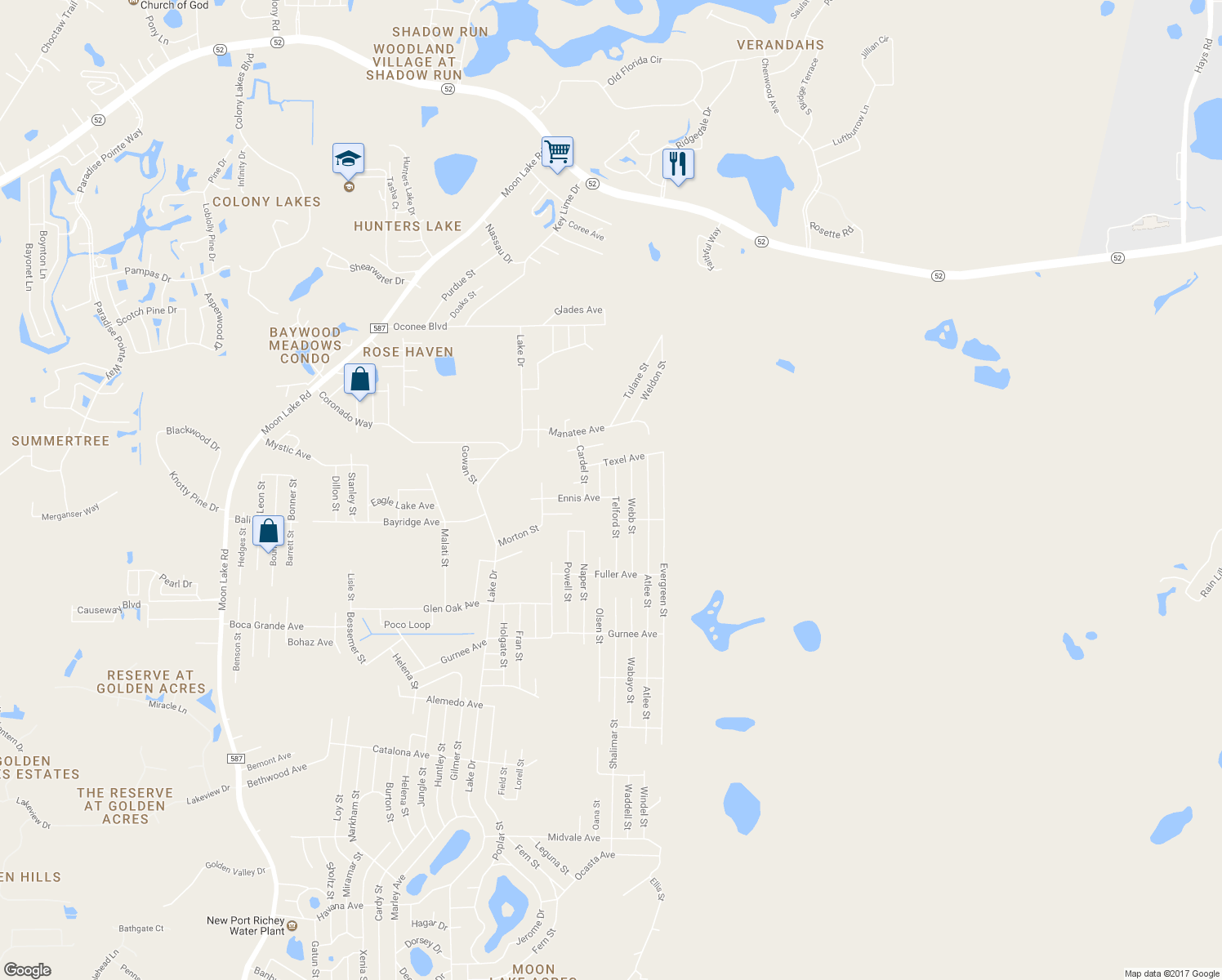 map of restaurants, bars, coffee shops, grocery stores, and more near 11051 Telford Street in New Port Richey