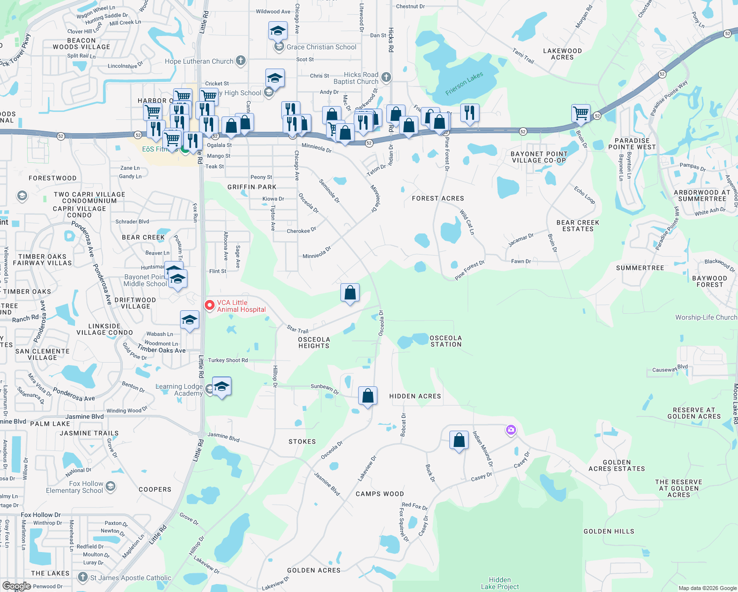 map of restaurants, bars, coffee shops, grocery stores, and more near 9851 Star Trail in New Port Richey