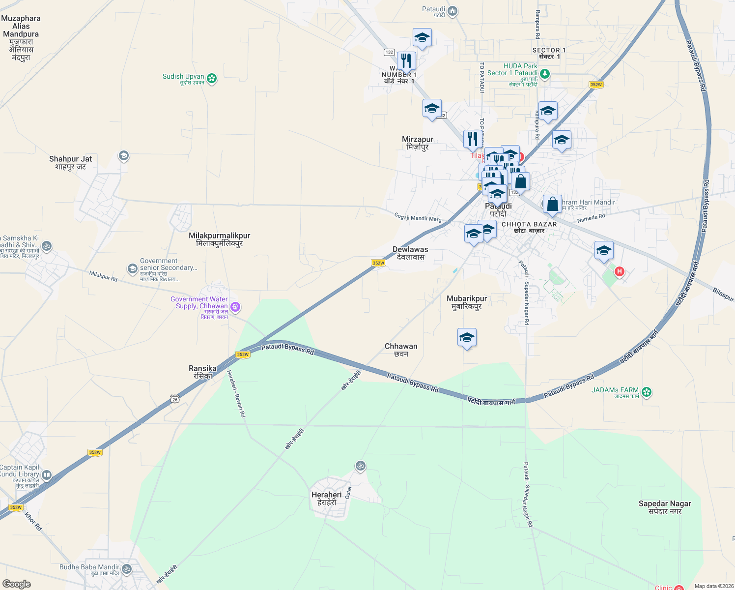 map of restaurants, bars, coffee shops, grocery stores, and more near State Highway 26 in Milakpurmalikpur