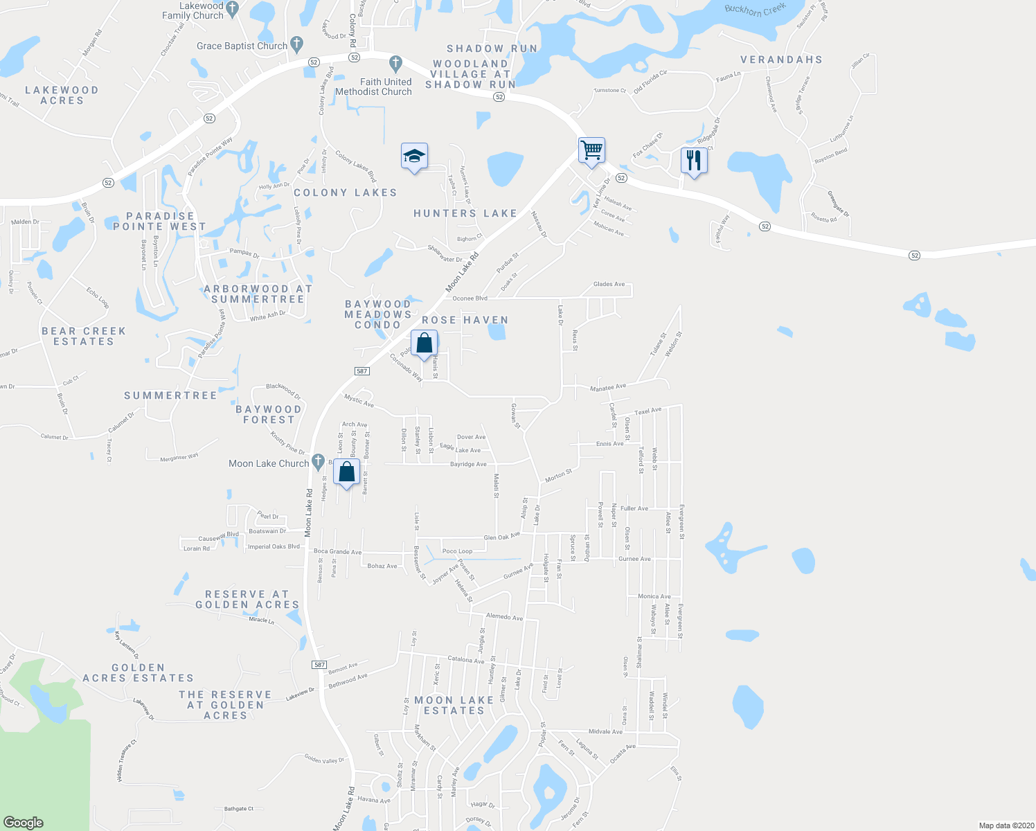 map of restaurants, bars, coffee shops, grocery stores, and more near 11142 Gowan Street in New Port Richey