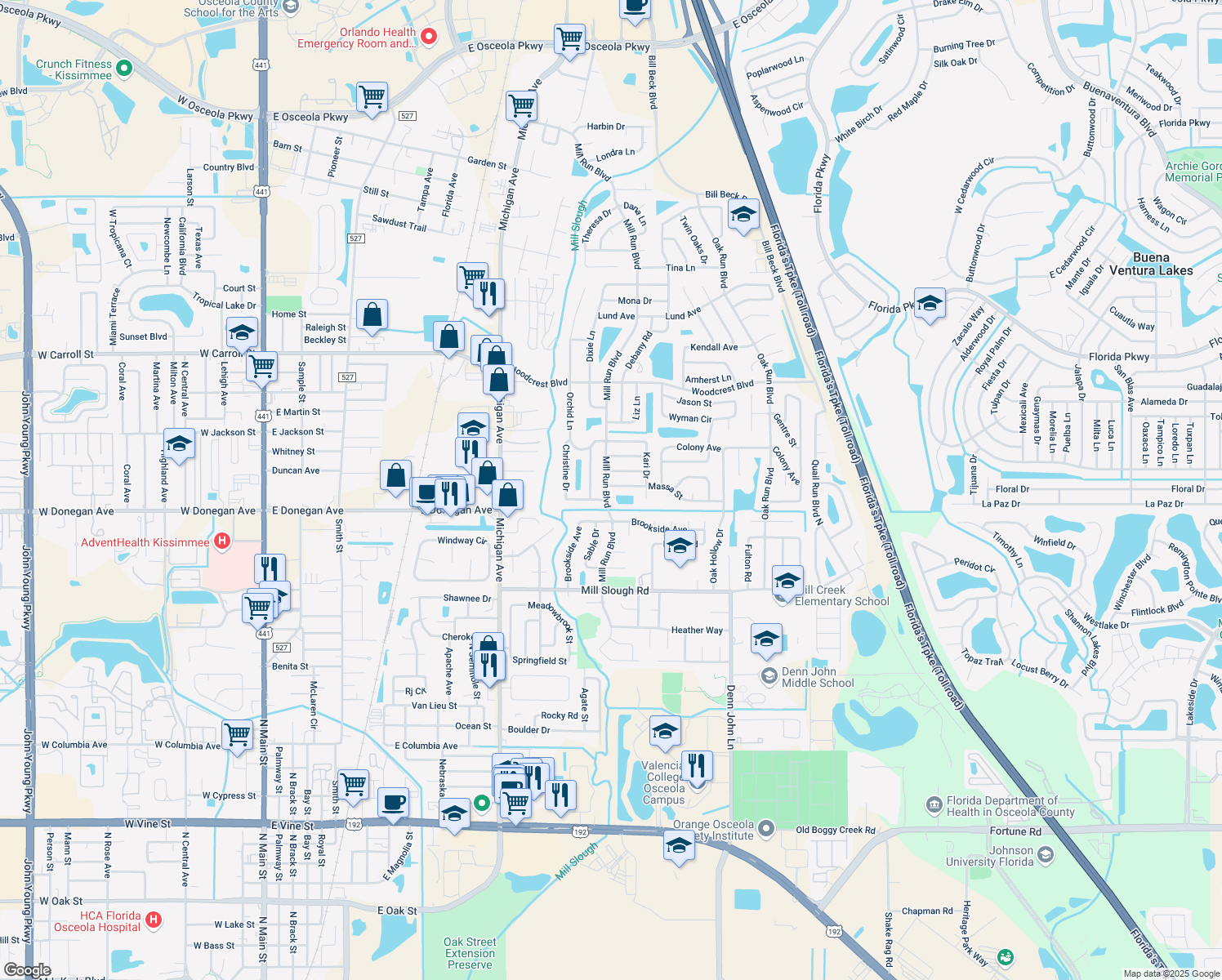 map of restaurants, bars, coffee shops, grocery stores, and more near 2519 Mill Run Boulevard in Kissimmee