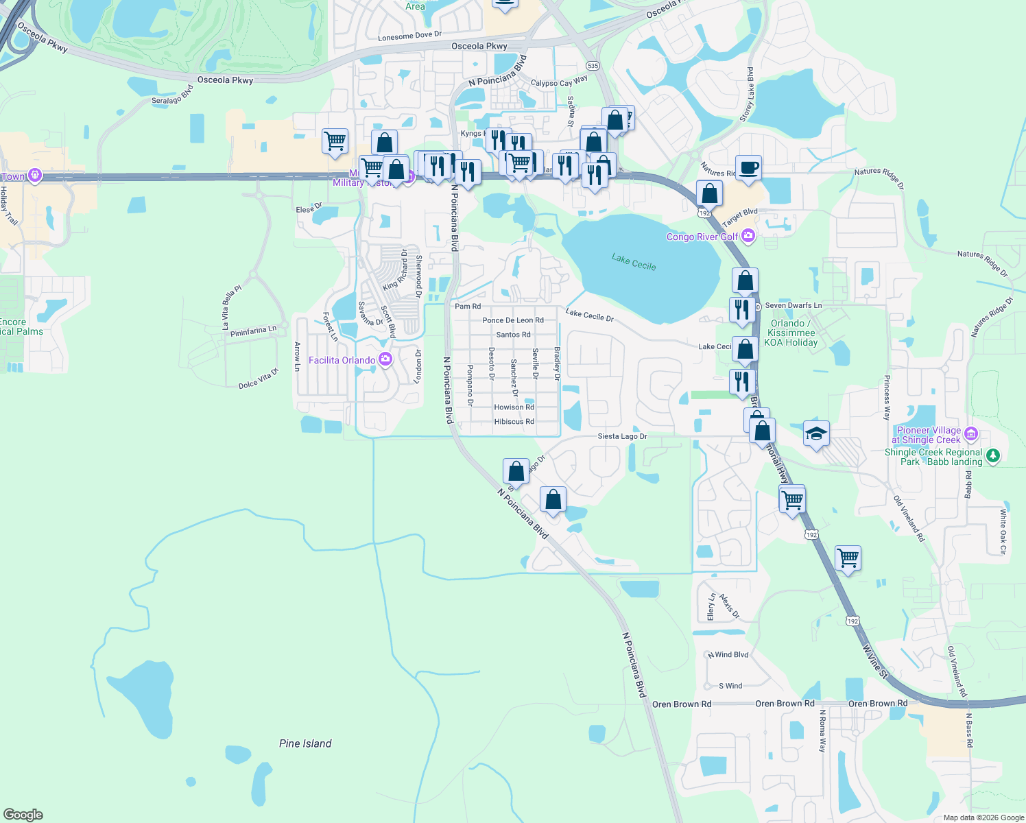 map of restaurants, bars, coffee shops, grocery stores, and more near 5076 Howison Road in Kissimmee
