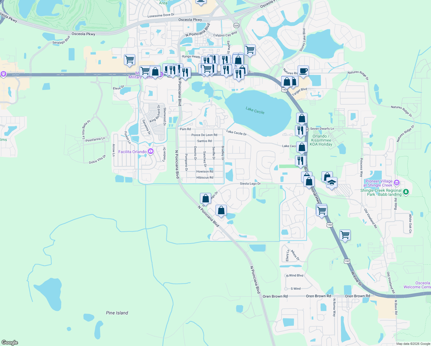 map of restaurants, bars, coffee shops, grocery stores, and more near 5040 Howison Road in Kissimmee
