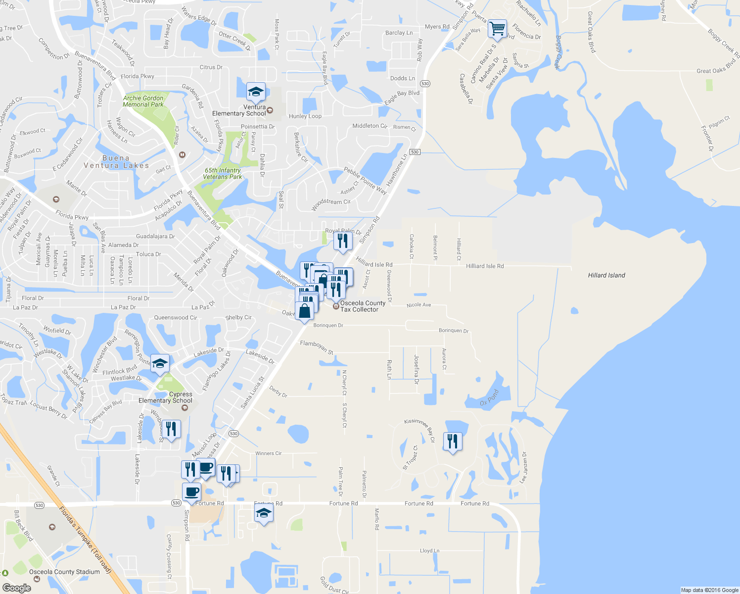 map of restaurants, bars, coffee shops, grocery stores, and more near 2505 Ascot Court in Kissimmee