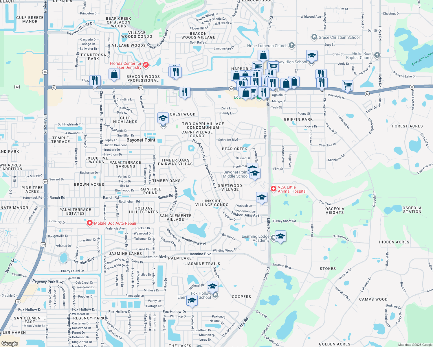 map of restaurants, bars, coffee shops, grocery stores, and more near 11204 Water Oak Dr in Port Richey