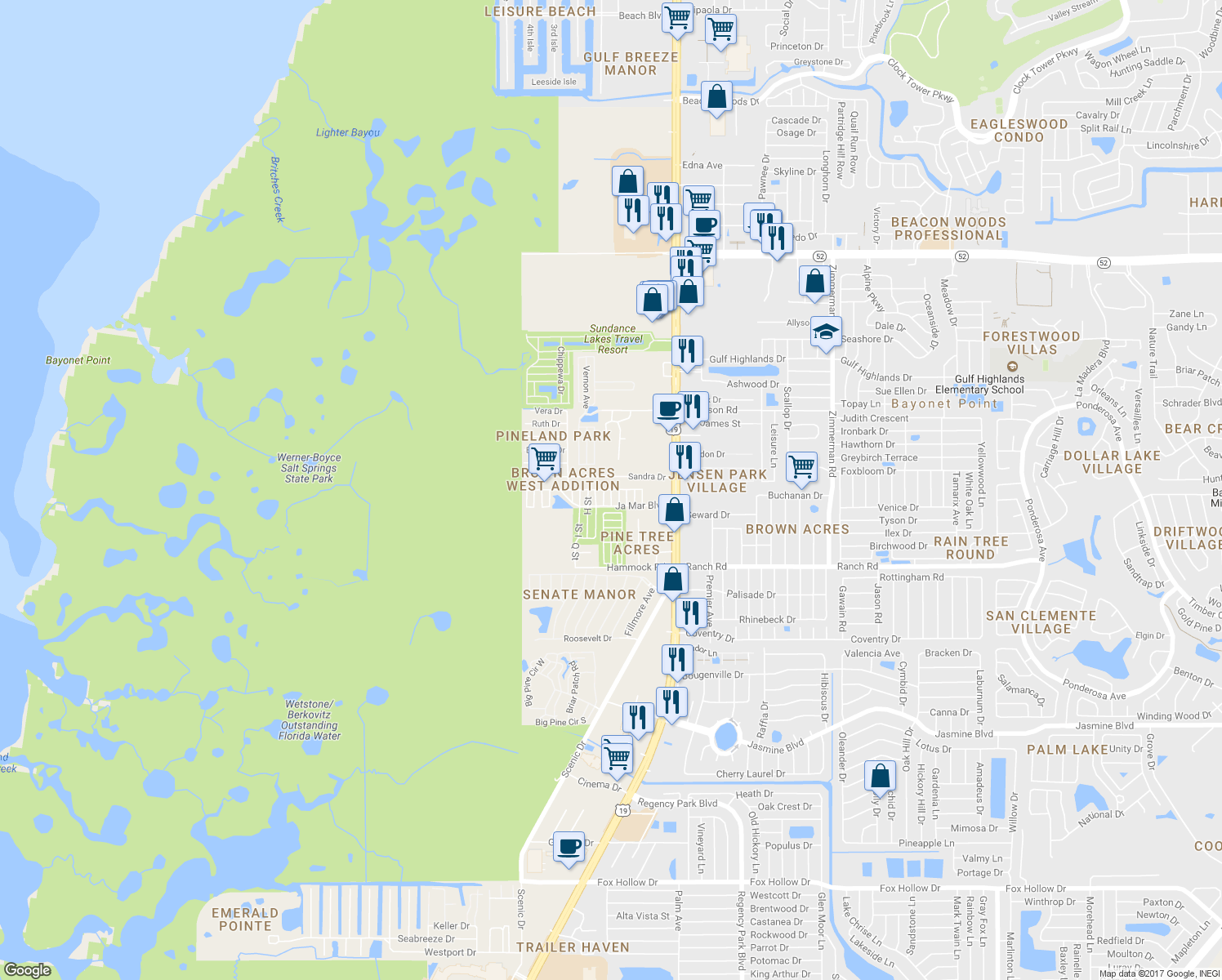 map of restaurants, bars, coffee shops, grocery stores, and more near 18548 E Street in Port Richey