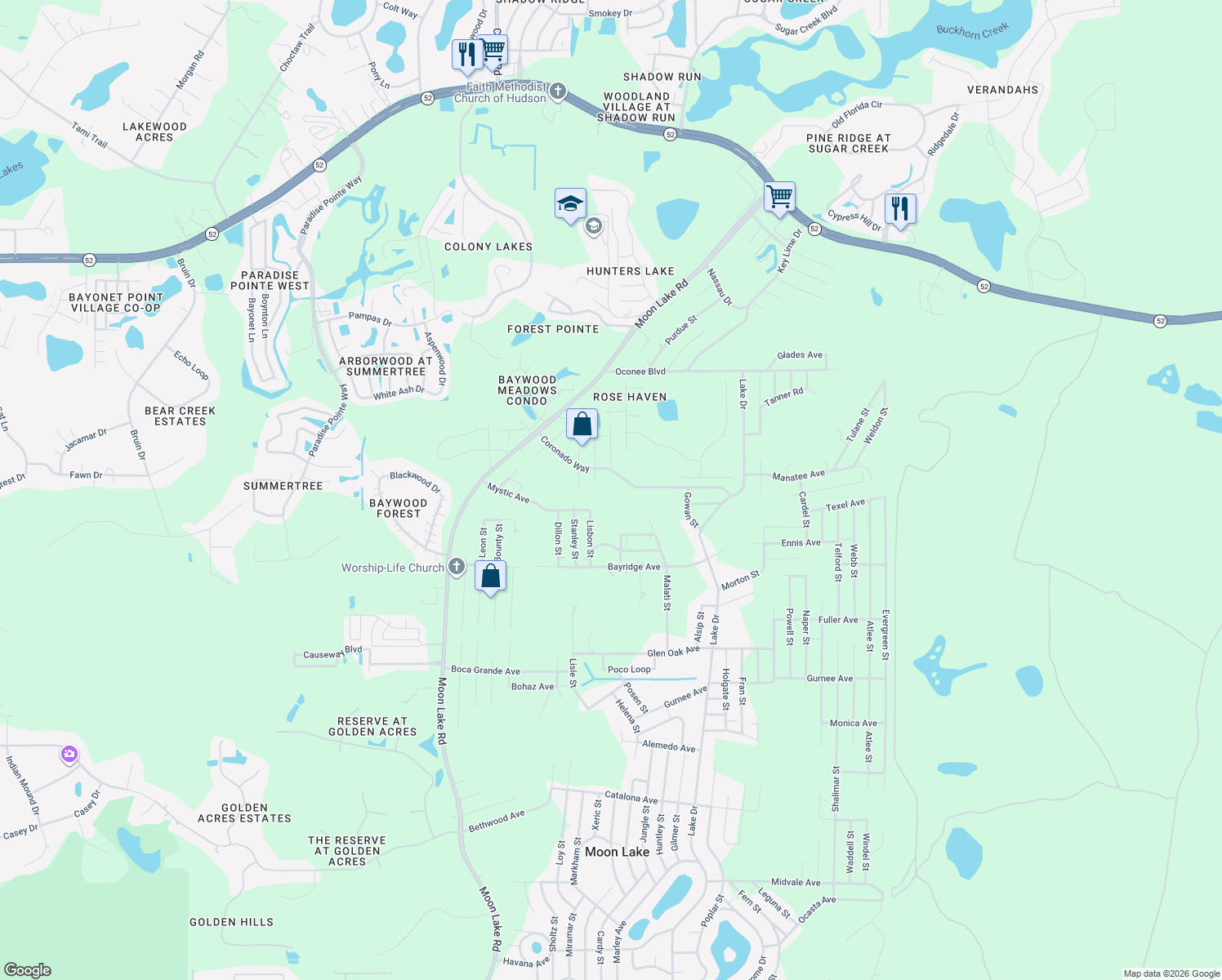 map of restaurants, bars, coffee shops, grocery stores, and more near 12330 Coronado Way in New Port Richey