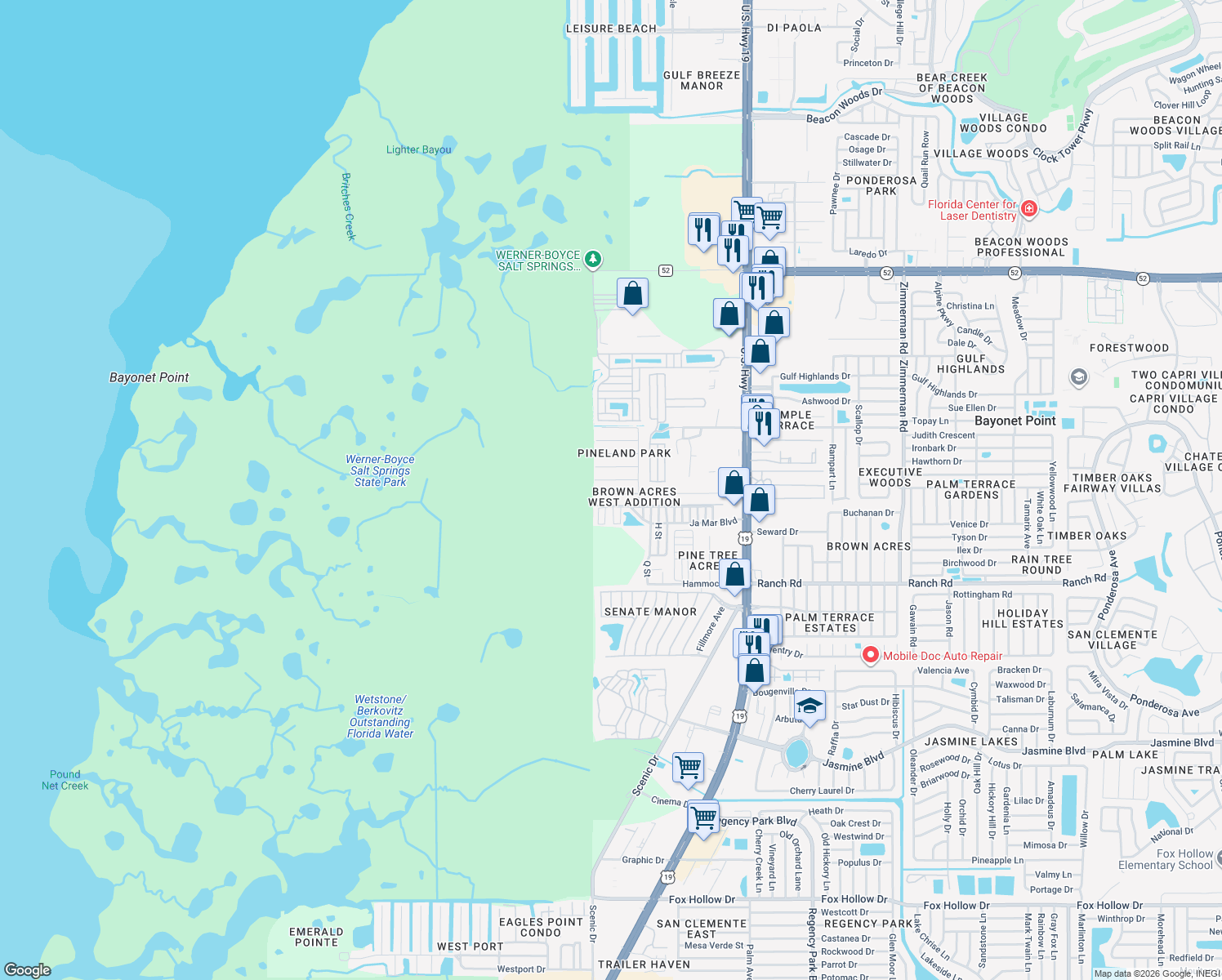 map of restaurants, bars, coffee shops, grocery stores, and more near 6523 Sandra Drive in Port Richey