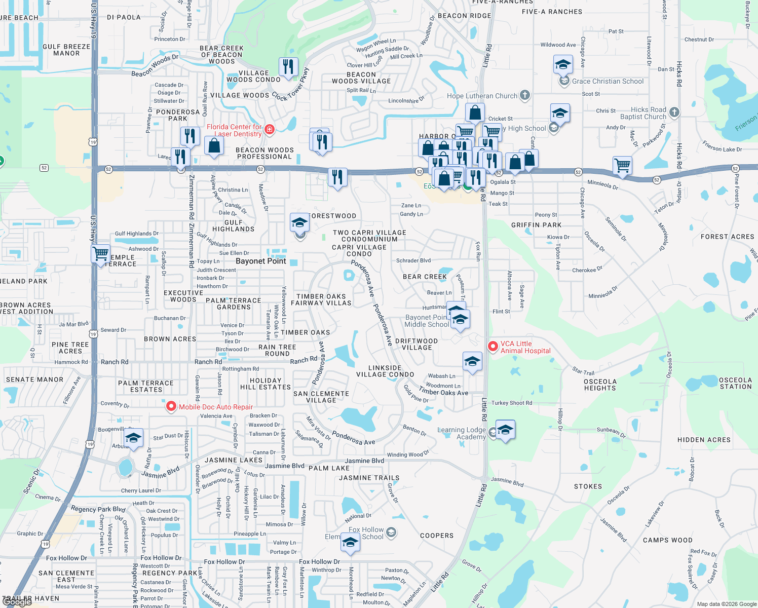 map of restaurants, bars, coffee shops, grocery stores, and more near 11241 Versailles Lane in Port Richey