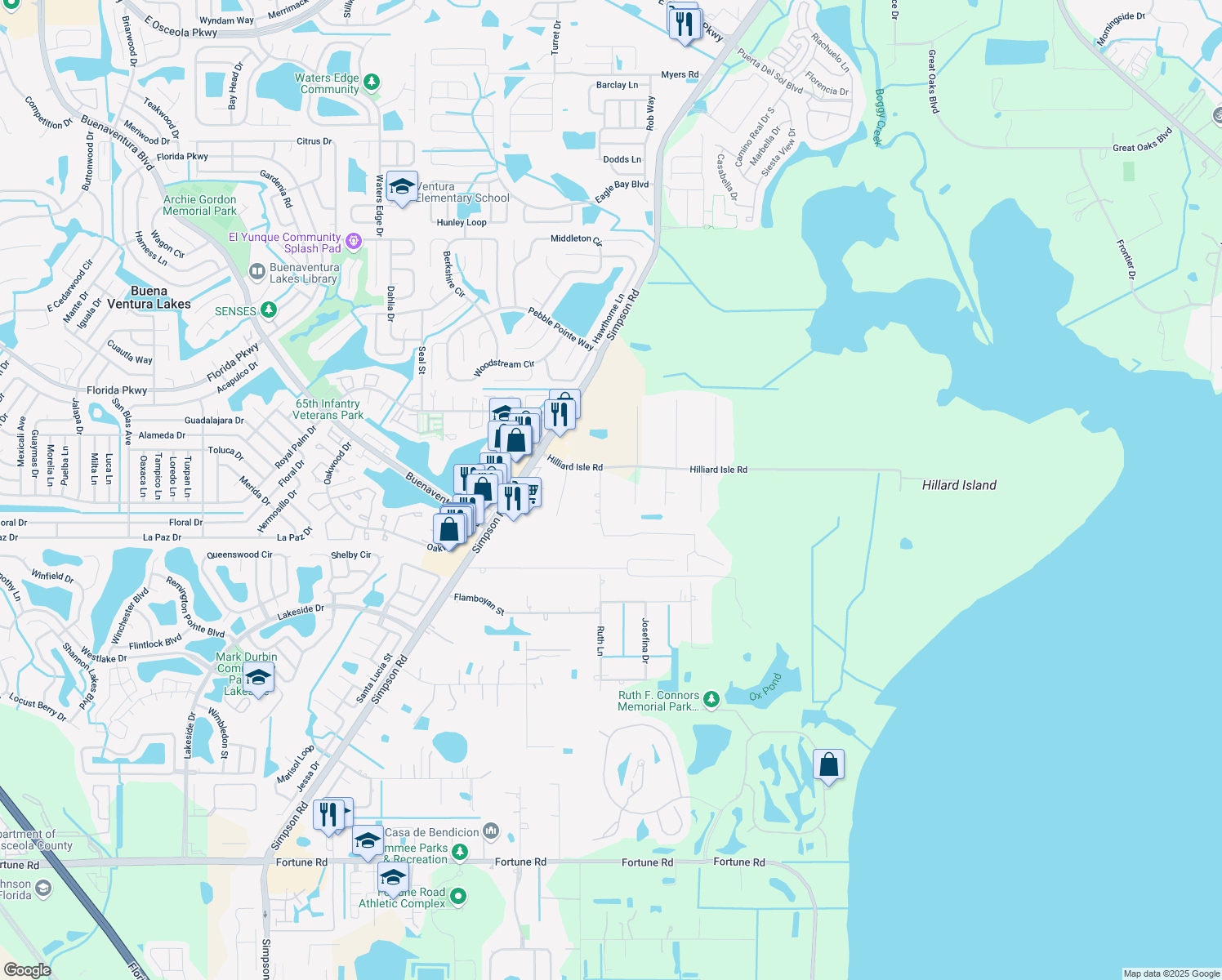 map of restaurants, bars, coffee shops, grocery stores, and more near 2575 Greenwood Drive in Kissimmee