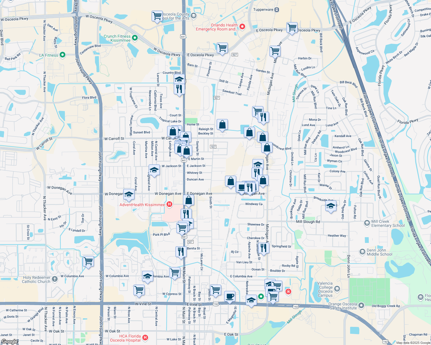 map of restaurants, bars, coffee shops, grocery stores, and more near 2577 Old Dixie Highway in Kissimmee