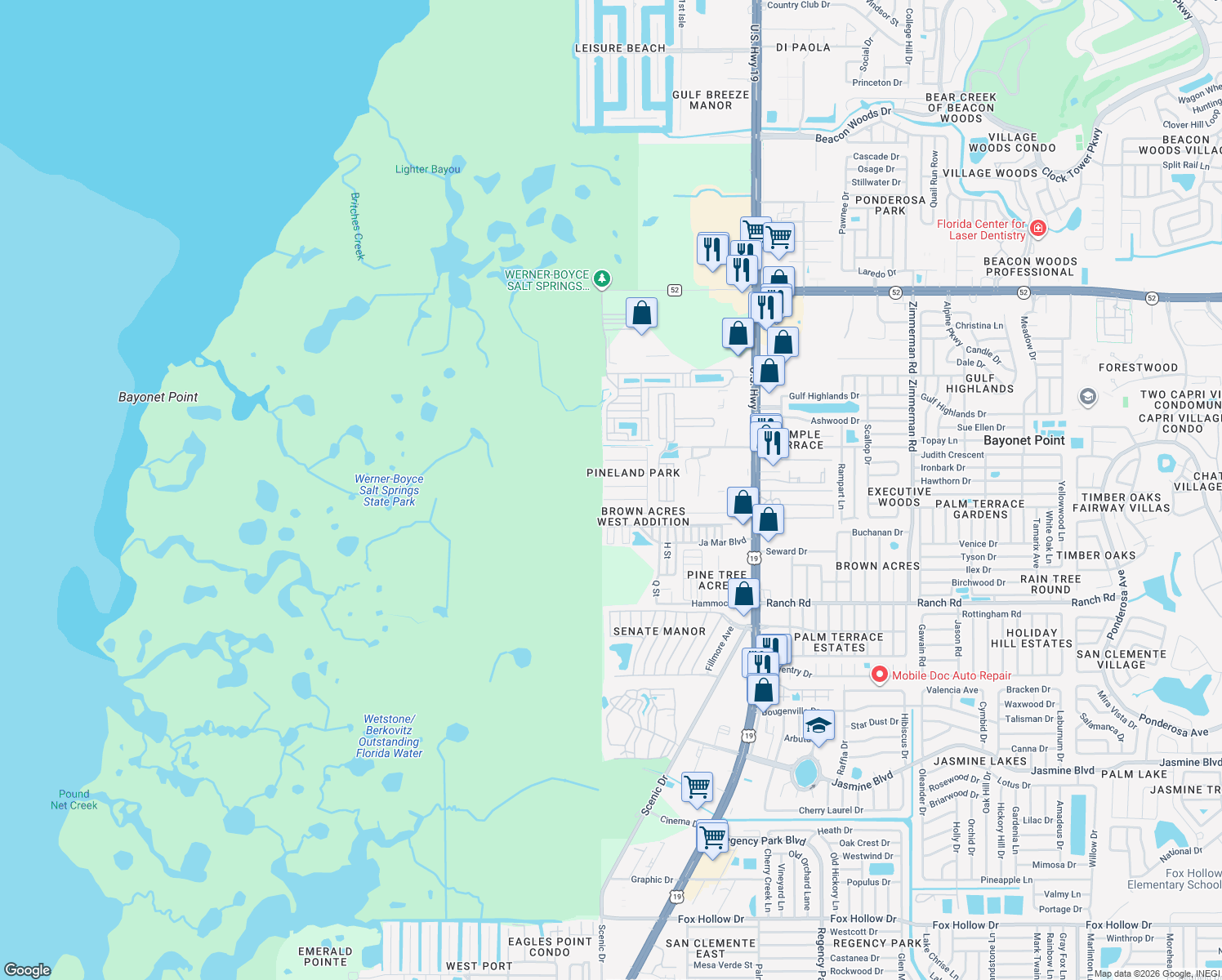 map of restaurants, bars, coffee shops, grocery stores, and more near 6510 Eleanor Drive in Port Richey