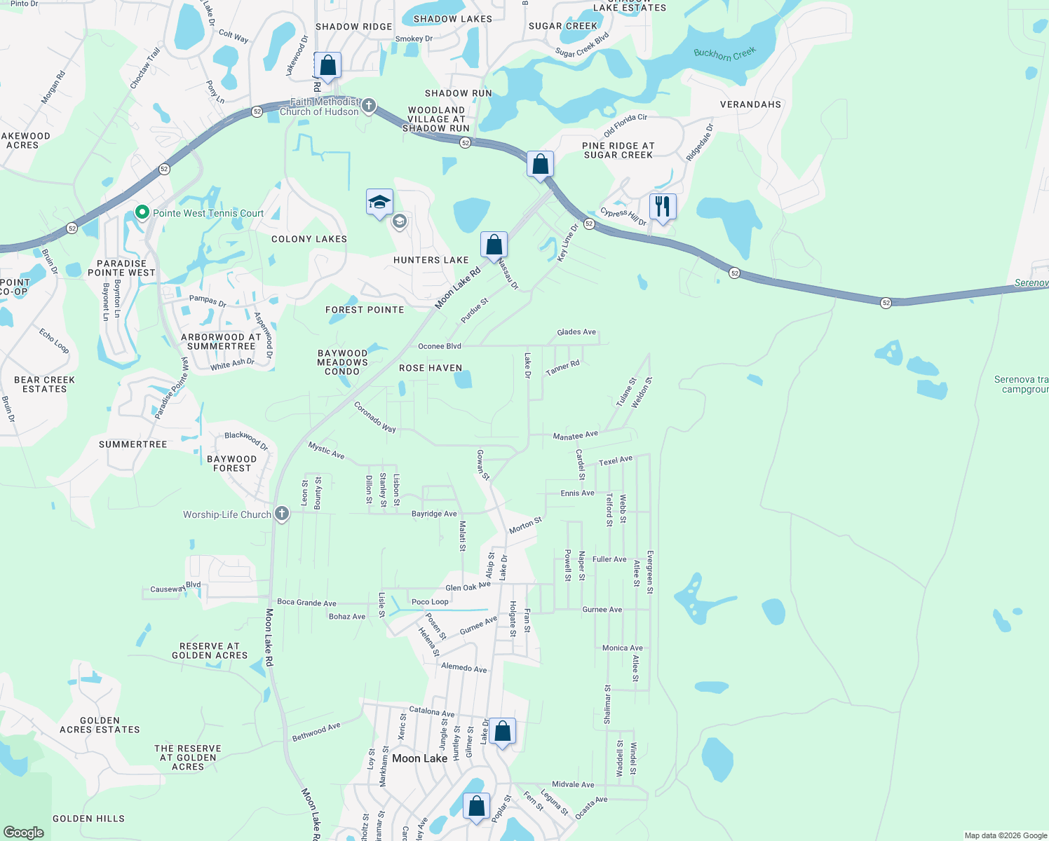 map of restaurants, bars, coffee shops, grocery stores, and more near 11321 Lake Drive in New Port Richey