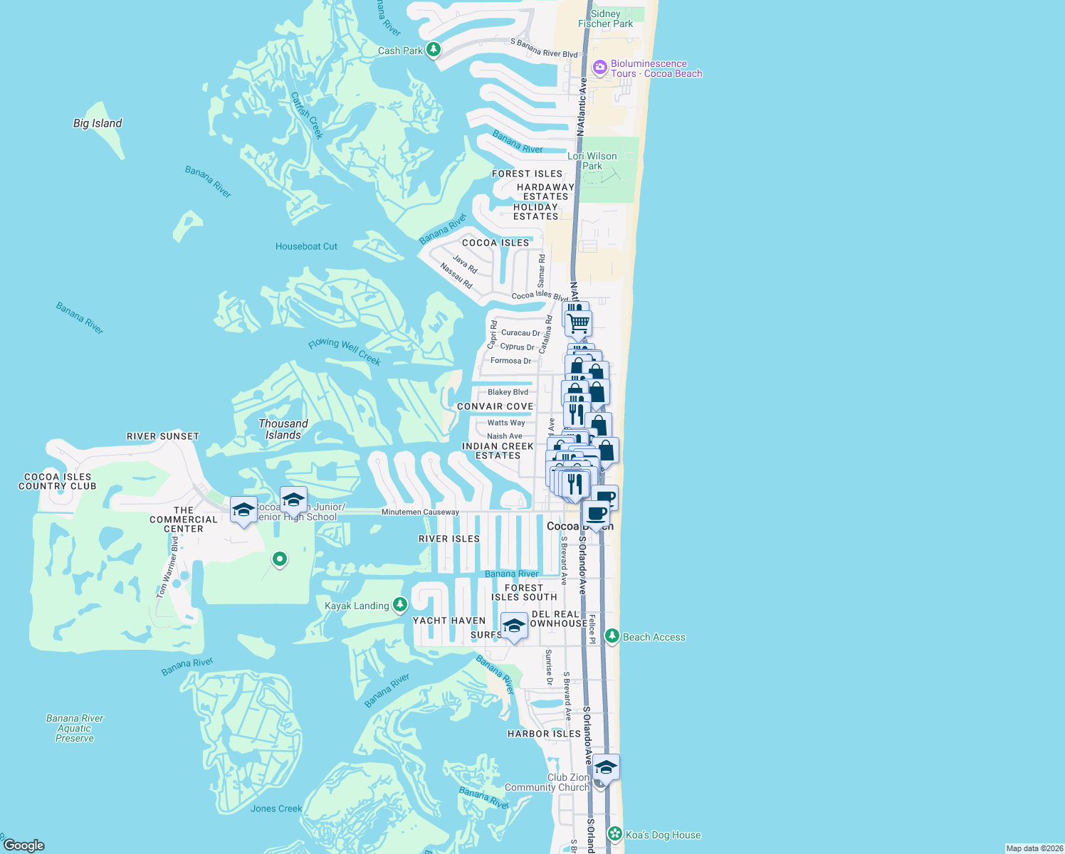 map of restaurants, bars, coffee shops, grocery stores, and more near 406 Watts Way in Cocoa Beach
