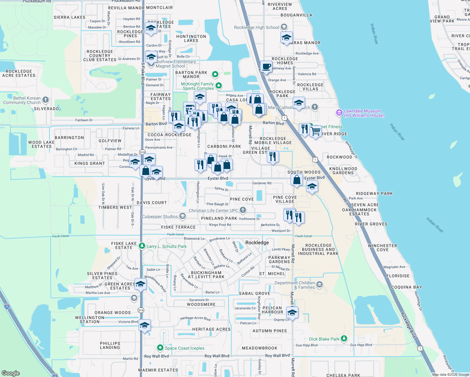map of restaurants, bars, coffee shops, grocery stores, and more near 866 Gardener Road in Rockledge