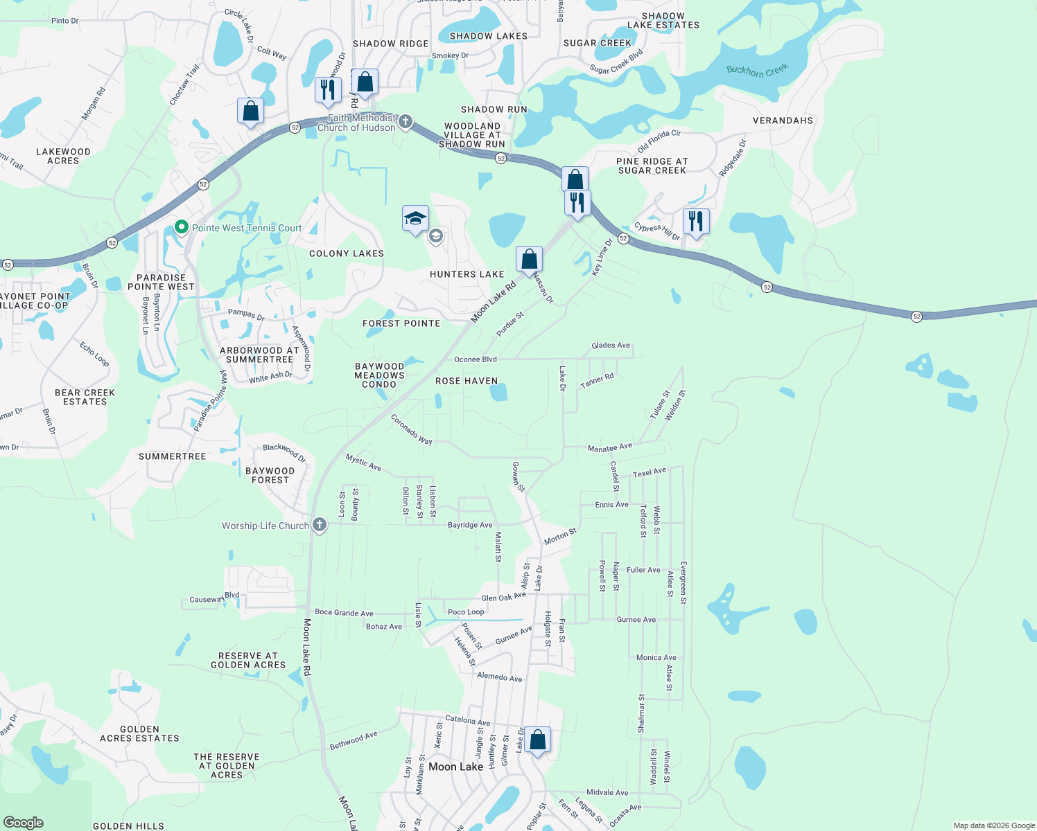 map of restaurants, bars, coffee shops, grocery stores, and more near 12304 Rose Haven Boulevard in New Port Richey