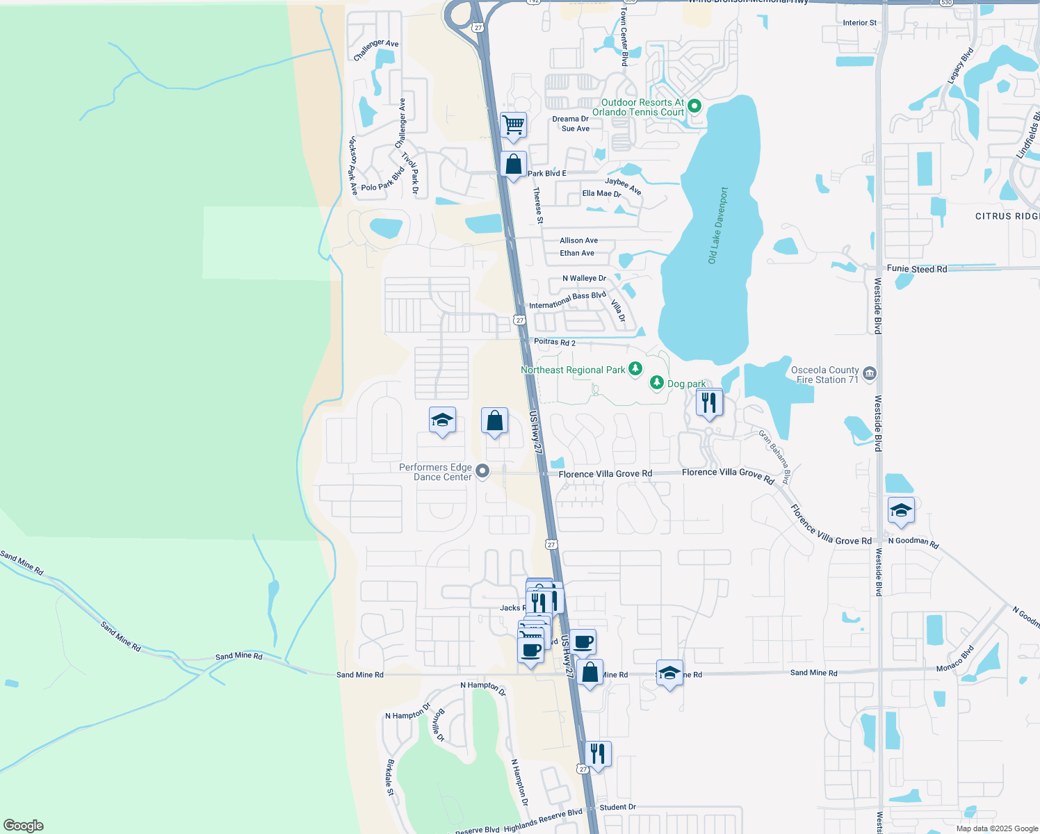 map of restaurants, bars, coffee shops, grocery stores, and more near 506 Cheshire Way in Davenport