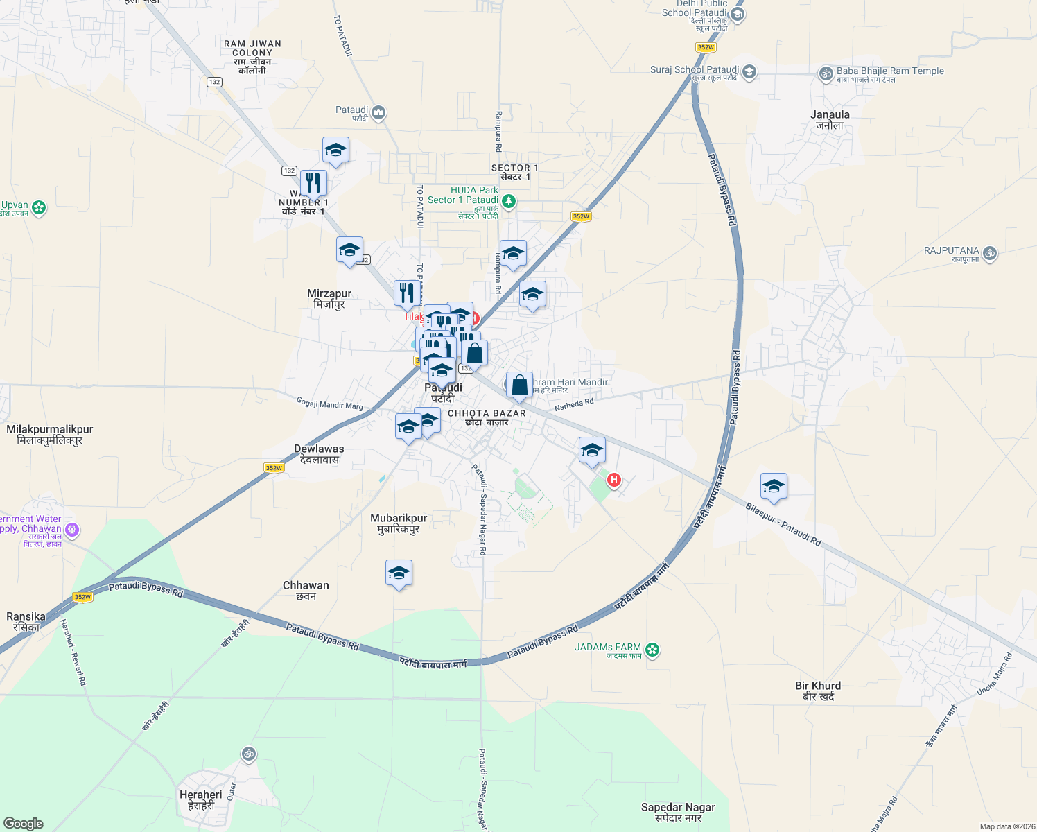 map of restaurants, bars, coffee shops, grocery stores, and more near Bilaspur Road in Pataudi
