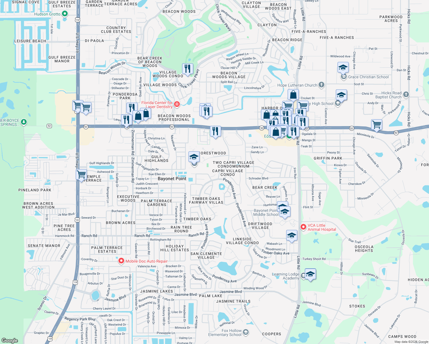 map of restaurants, bars, coffee shops, grocery stores, and more near 11525 Forest Run Court in Port Richey