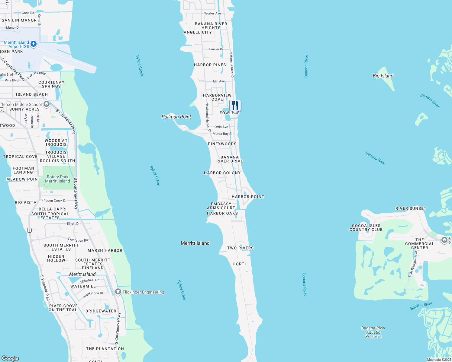 map of restaurants, bars, coffee shops, grocery stores, and more near 1830 Newfound Harbor Drive in Merritt Island