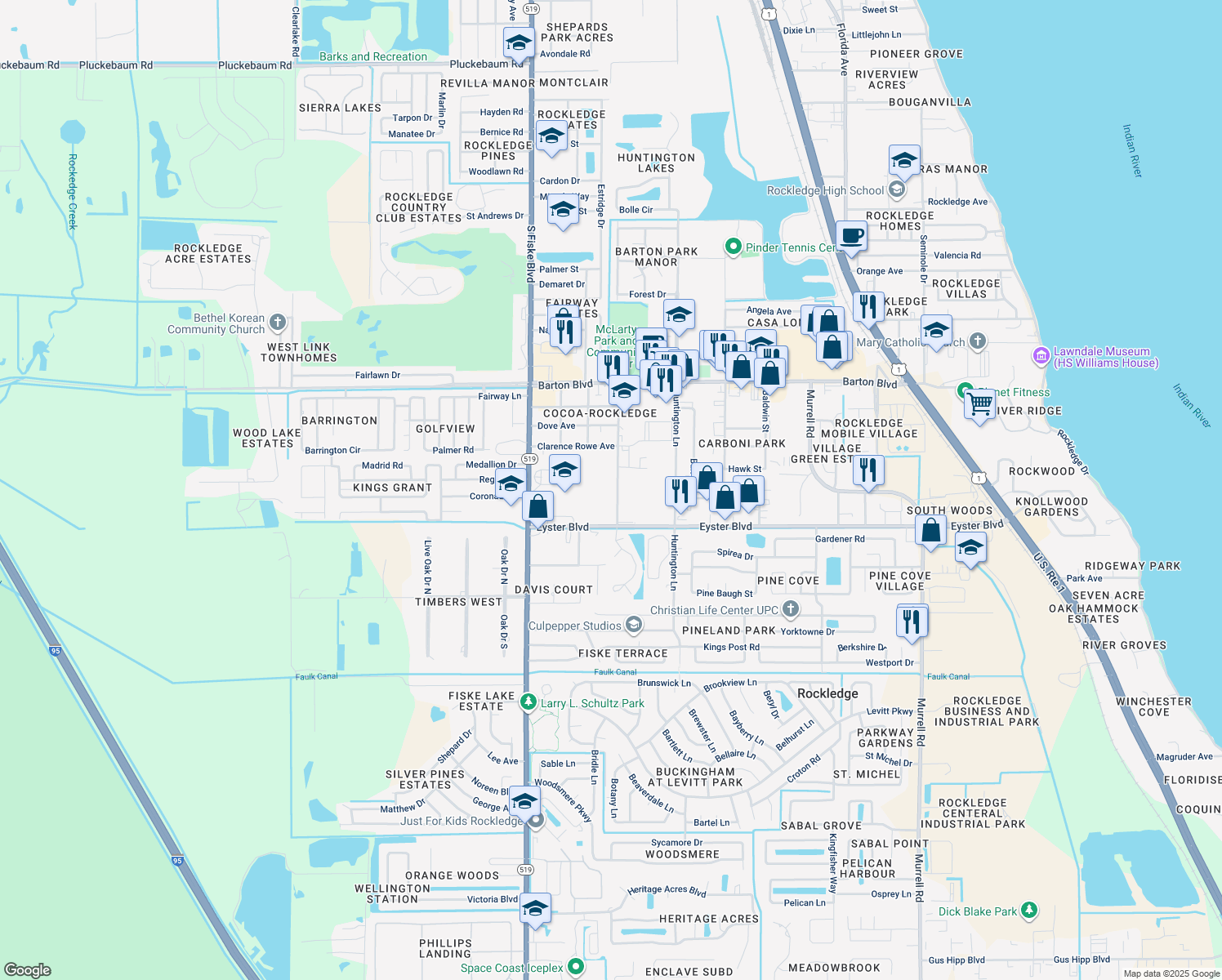 map of restaurants, bars, coffee shops, grocery stores, and more near 1801 Cedar Street in Rockledge