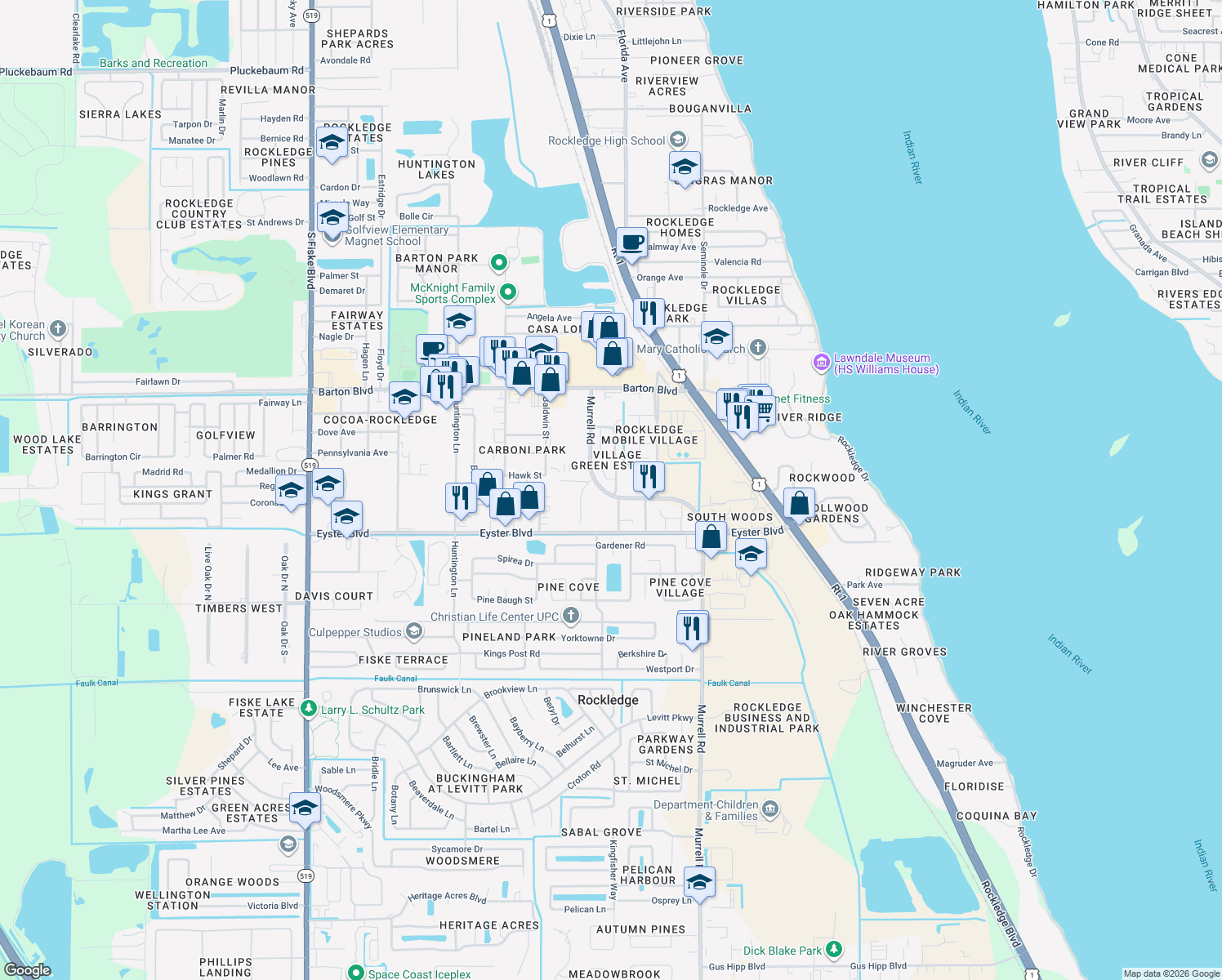 map of restaurants, bars, coffee shops, grocery stores, and more near 1187 Luther Drive in Rockledge